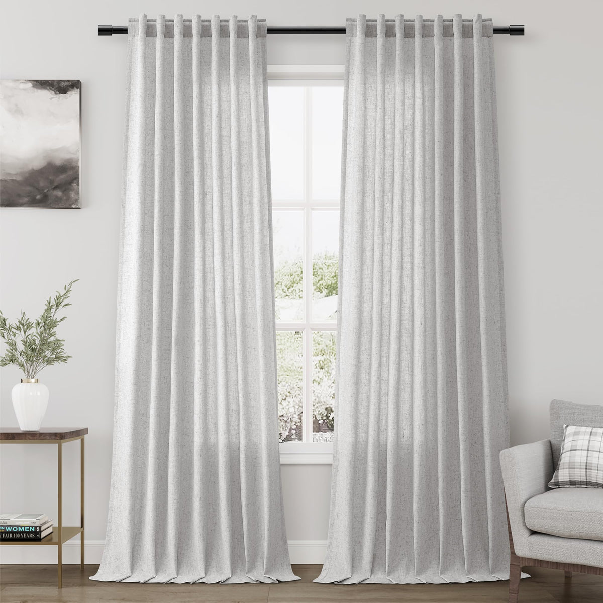 Extra Long Curtain 108 Inches Long 2 Panels Set Back Tab Silver Linen Drapes for Living Room Neutral Farmhouse Light Filtering Semi Sheer Linen Curtains 108 Inch Length for Large Window 9 FT Tall