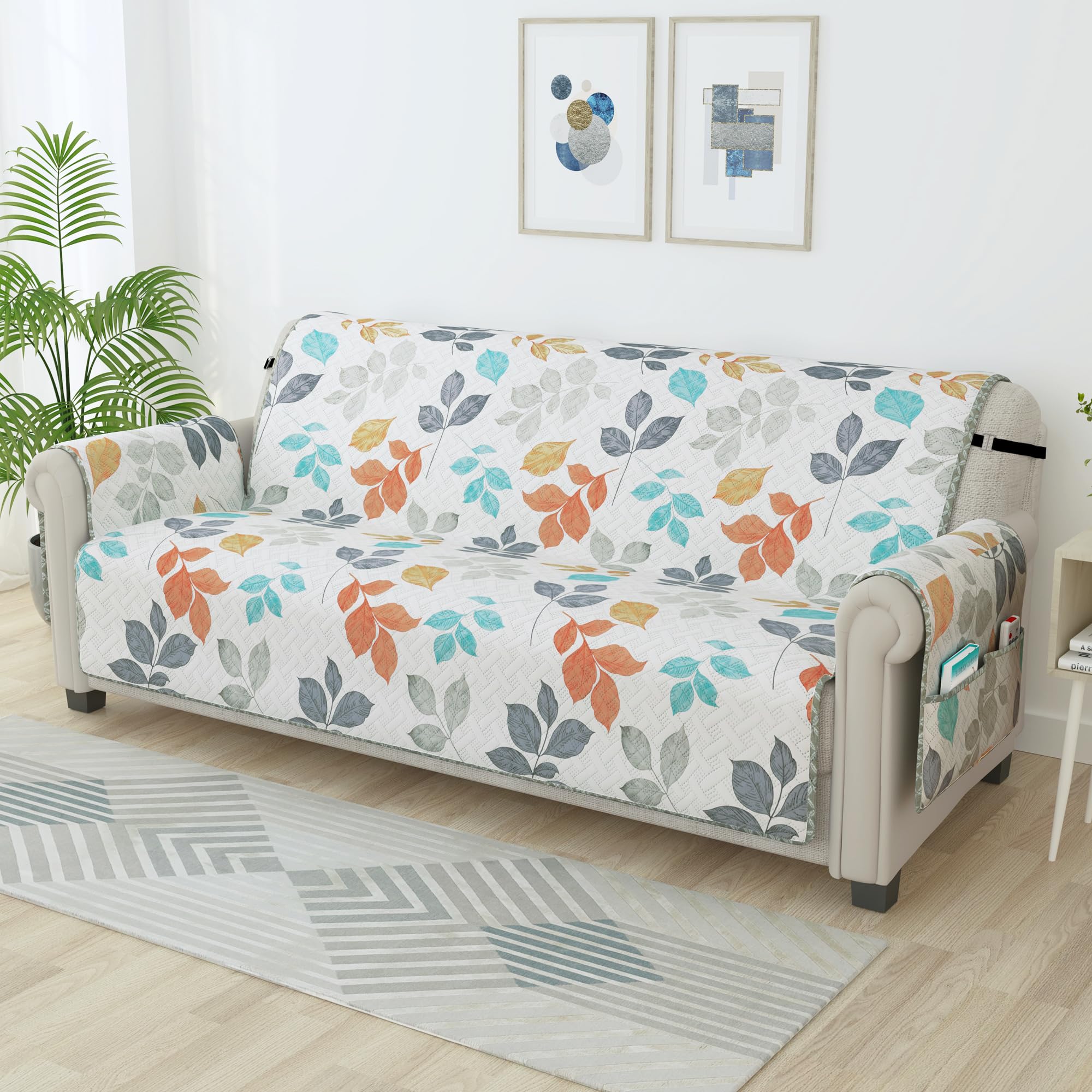 Story@Home Quilted Sofa Cover 3 Seater Fully Covered | 175 X170 Stretchable Microfiber Sofa Cover 3 Seater White & Grey Leaf Des