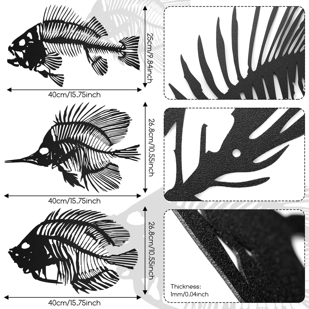 3 Pieces Metal Wall Art Fish Sculpture Hanging Metal Black Fish Bone Rustic Wall Decor Nautical Style Metal Fish Wall Decor For