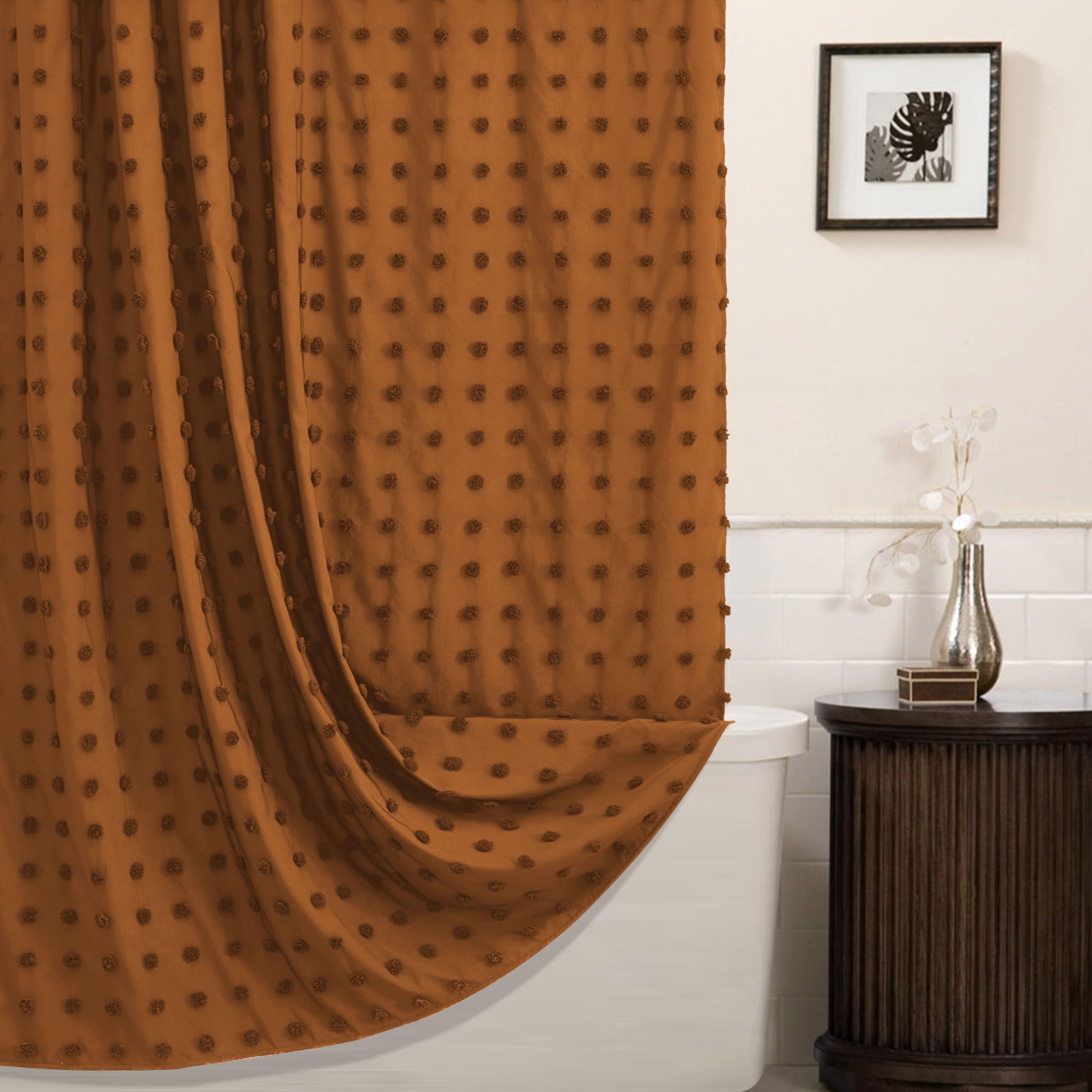 Boho Farmhouse Pumpkin Orange Shower Curtain Woven Fabric Shower Curtain, 72 x 72 Tufted Pleat Floral Puffs Textured Modern Farm