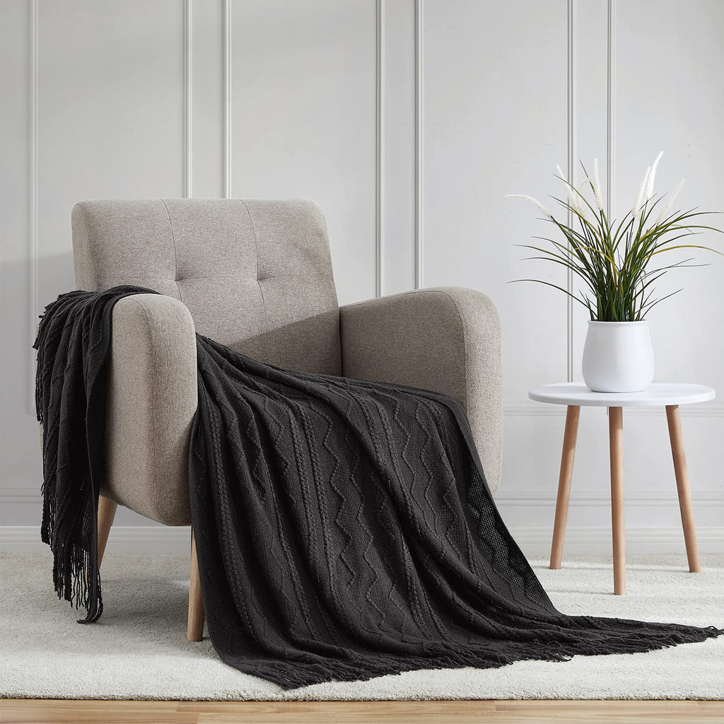 Bourina Throw Blanket Textured Solid Soft Sofa Throw Couch Cover Knitted Decorative Blanket, 50 X60 Inches Black
