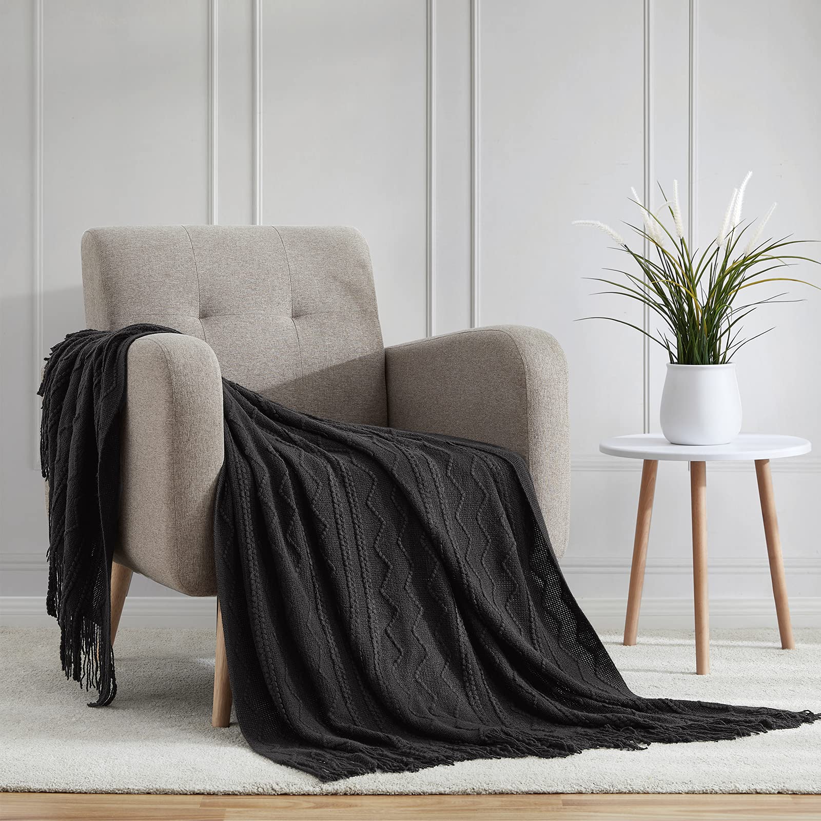 Bourina Throw Blanket Textured Solid Soft Sofa Throw Couch Cover Knitted Decorative Blanket, 50 X60 Inches Black