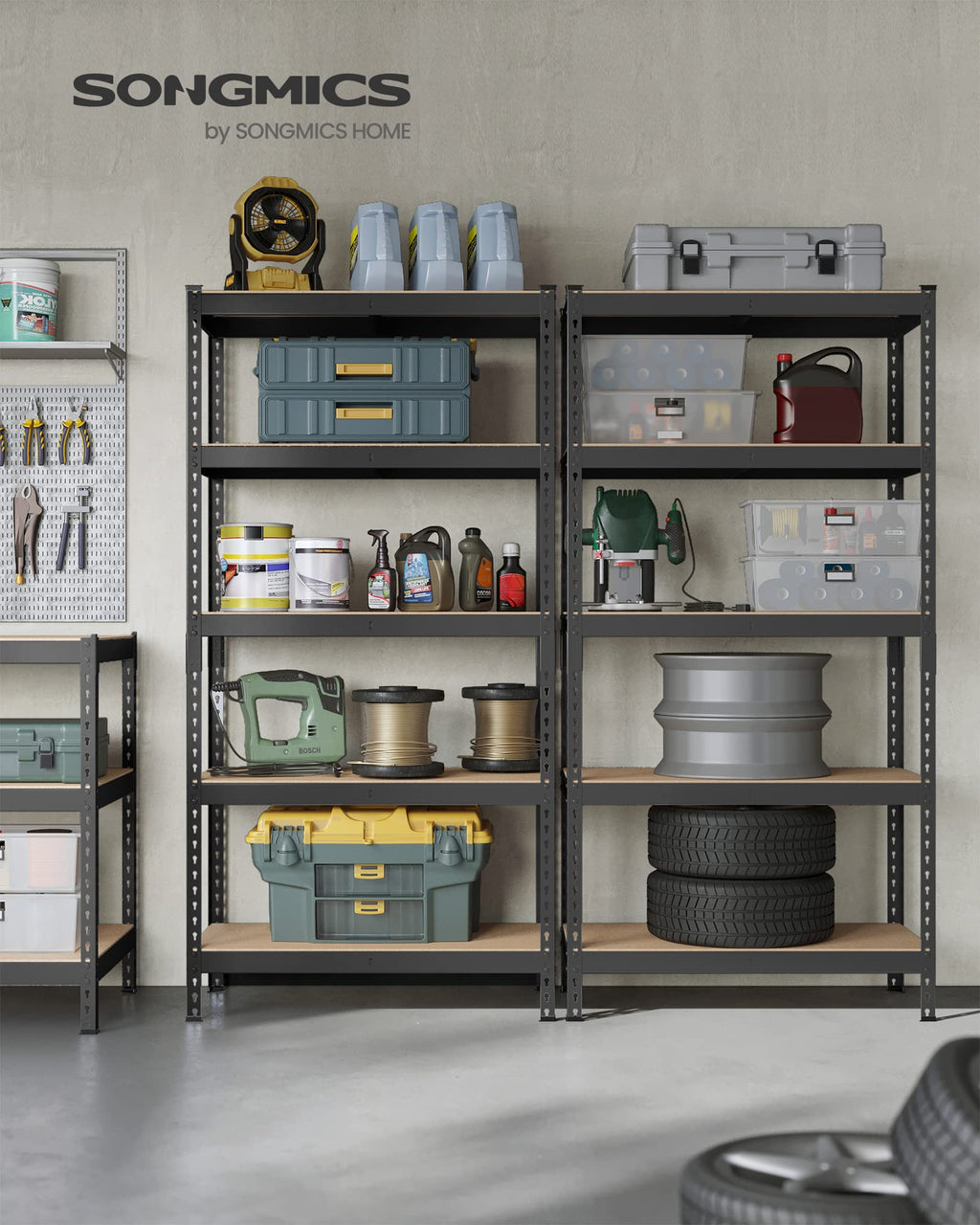 Songmics 5-Tier Storage Shelves, Set Of 2 Garage Storage, Boltless Assembly, Adjustable Shelving Units, 17.7 X 35.4 X 70.9 Inches, Load 1929 Lb Each, Shed Warehouse Basement, Black Uglr450B02