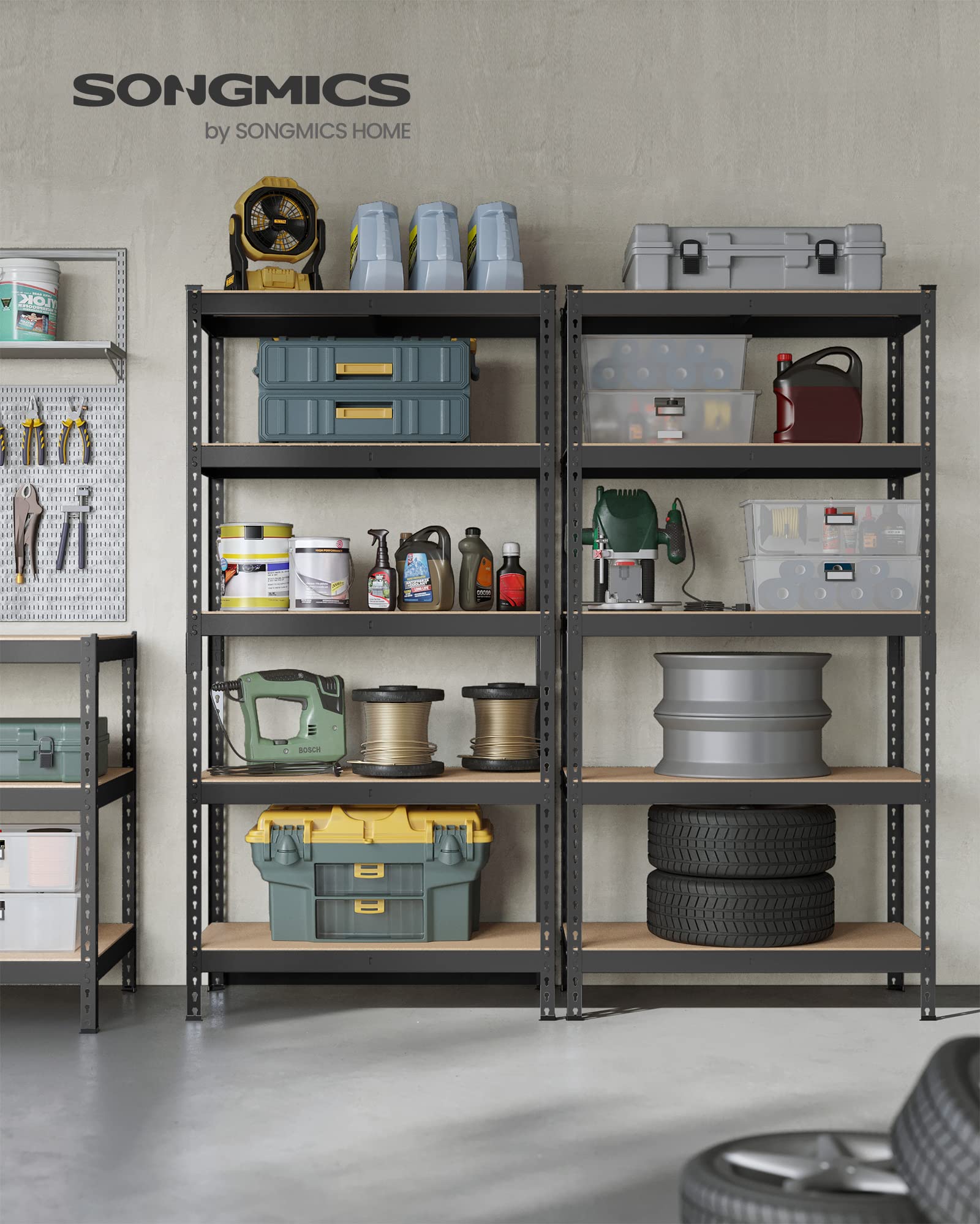 Songmics 5-Tier Storage Shelves, Set Of 2 Garage Storage, Boltless Assembly, Adjustable Shelving Units, 17.7 X 35.4 X 70.9 Inches, Load 1929 Lb Each, Shed Warehouse Basement, Black Uglr450B02