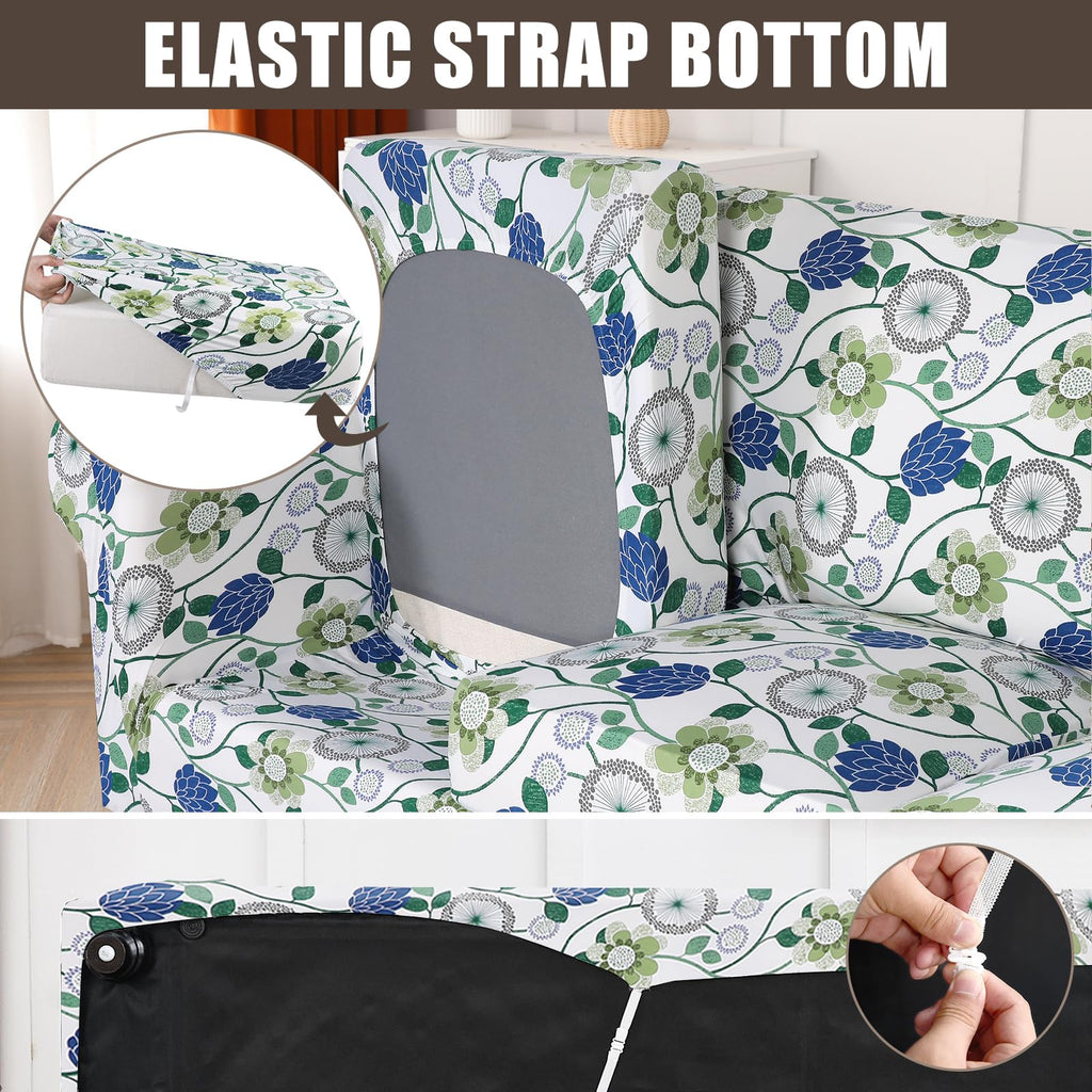 Searchi Stretch Sofa Cover Printed Couch Cover, Floral Pattern 3 Pieces Loveseat Slipcover With 2 Separate Cushion Cover, Washable Furniture Protector For Living Room(Loveseat, Green Flowers)