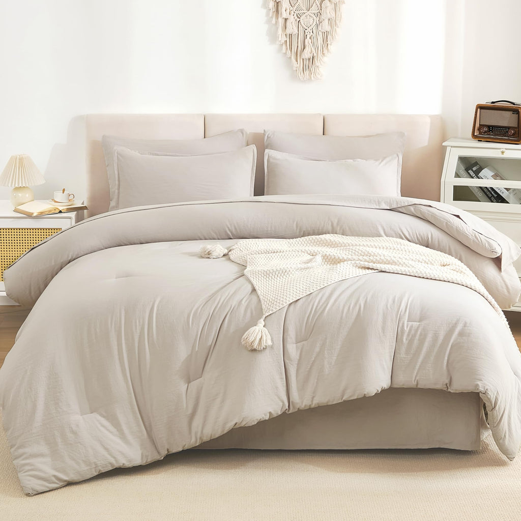 Litanika Queen Comforter Set Linen - 7 Pieces Bed In A Bag Queen Beddding Comforter Sets, Solid Lightweight Bed Set With Comfort