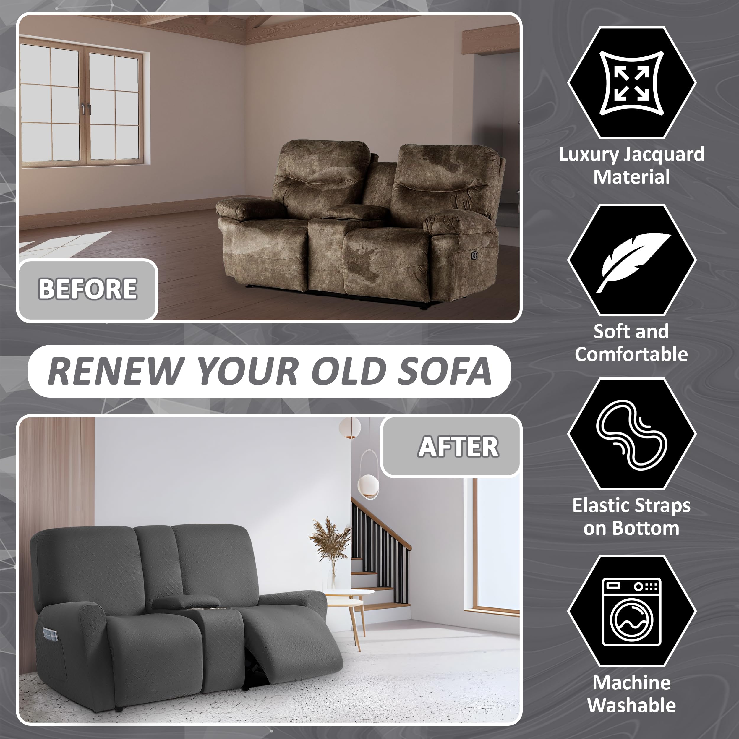 ULTICOR 8-Piece Reclining Loveseat with Console Slipcover, Jacquard Fabric, Dark Grey