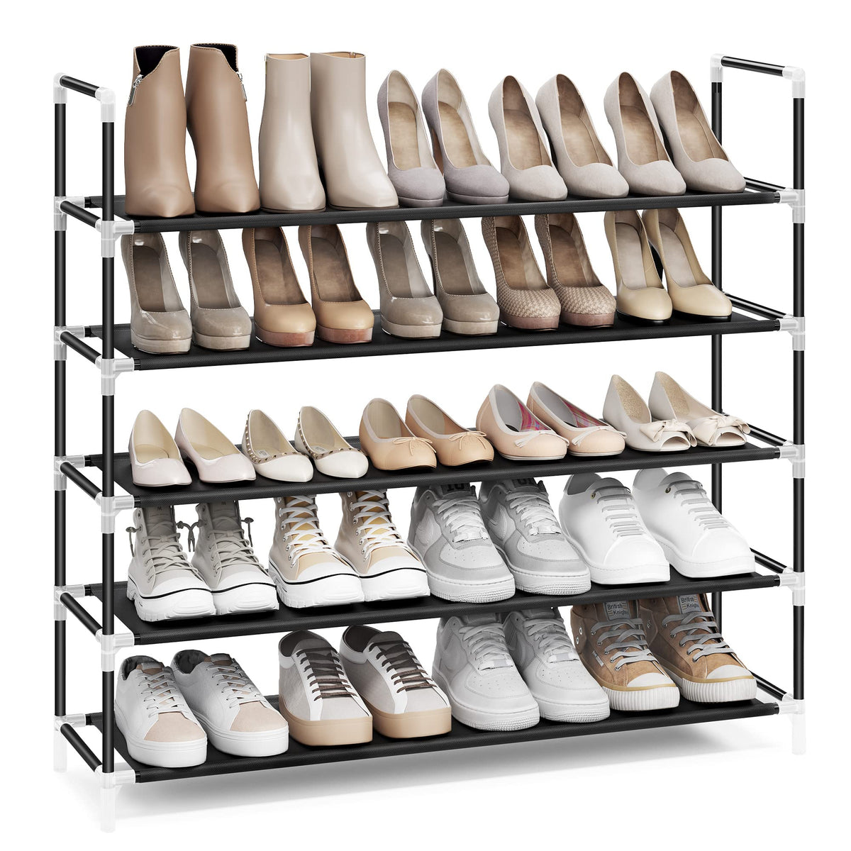 SONGMICS 5-Tier Shoe Rack, Shoe Storage for Hallway Closet, Slim and Space-Saving, Metal Frame, Non-Woven Fabric Shelves, Black 