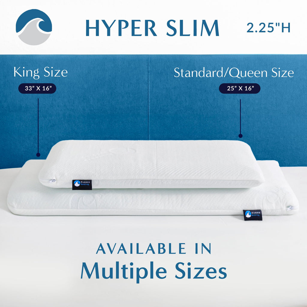Bluewave Bedding Hyper Slim Gel Memory Foam Pillow For Stomach And Back Sleepers - Thin, Flat Design For Cervical Neck Alignment