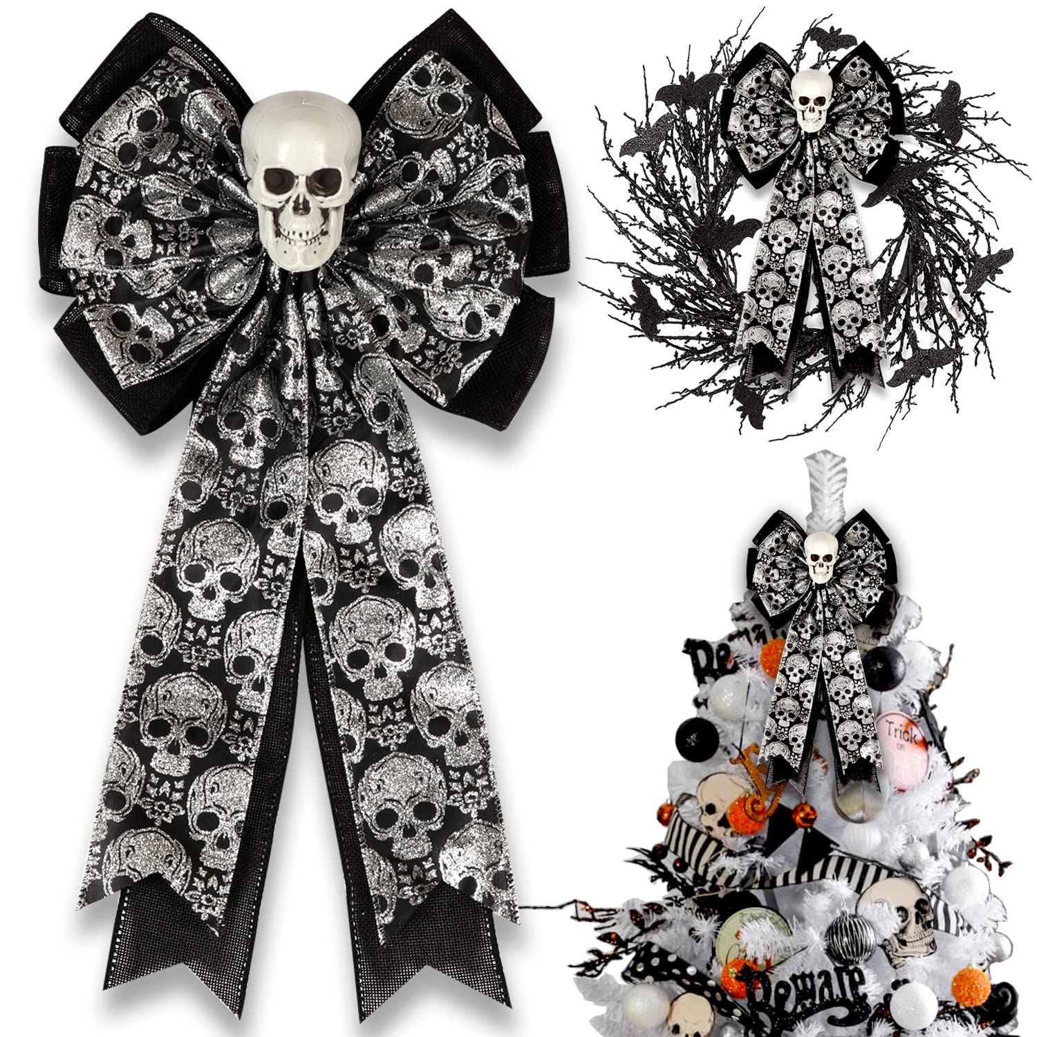 Skull Gothic Decor,Halloween Bows for Wreaths Decorations, Halloween Tree Topper Bow, Decorative Bow with Skull Glitter Silver B