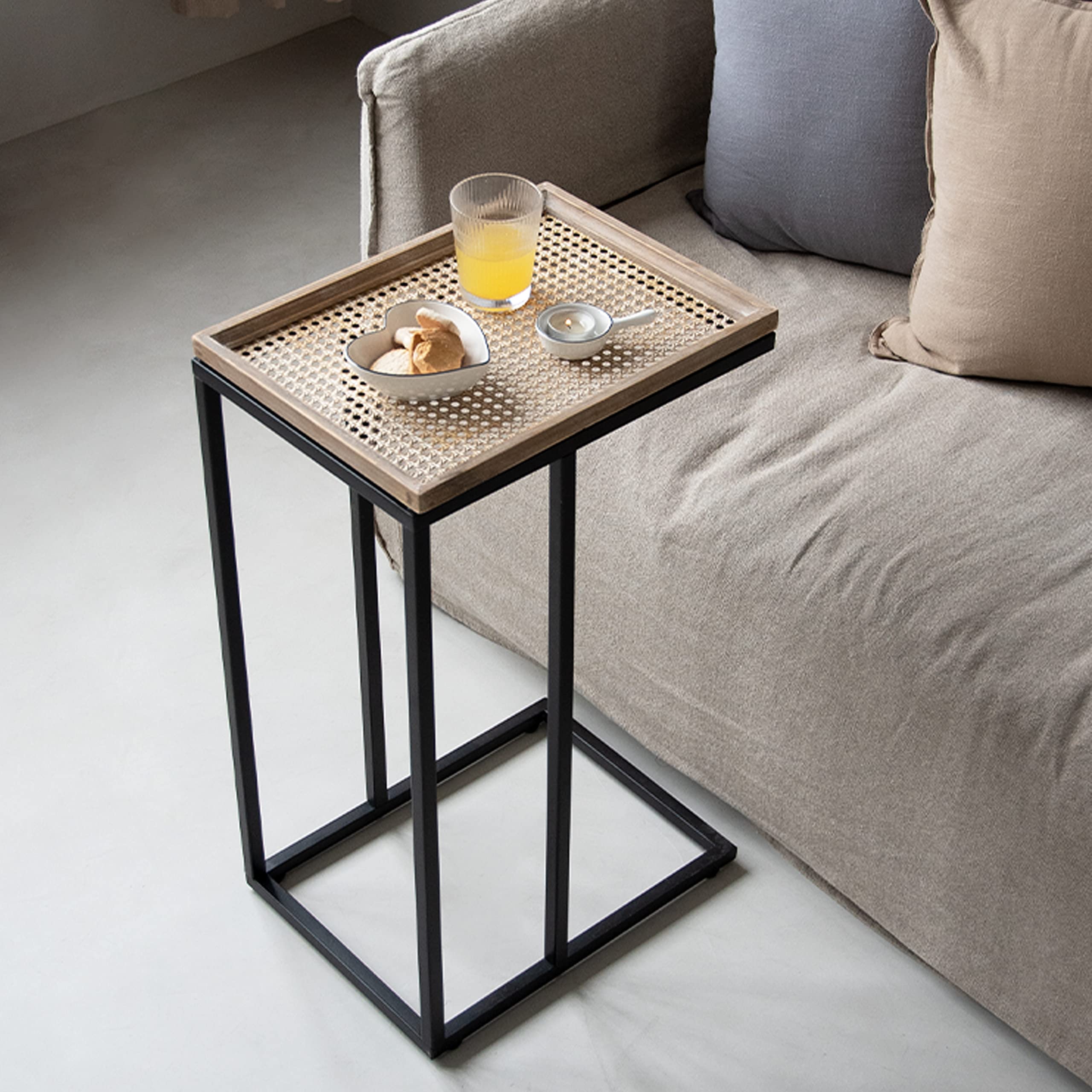 Cozayh Farmhouse C Couch End Table, Snack Sofa Side Table With Metal Distressed Rattan Pattern Tray Top, Black
