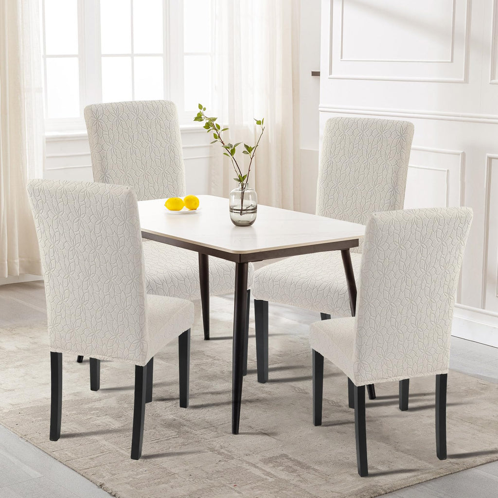 Searchi Jacquard Dining Room Chair Covers Set Of 6, Stretch Kitchen Chair Covers Washable Parsons Chair Slipcover Removable Dining Chair Protectors For Hotel,Ceremony(Beige Floral Texture)