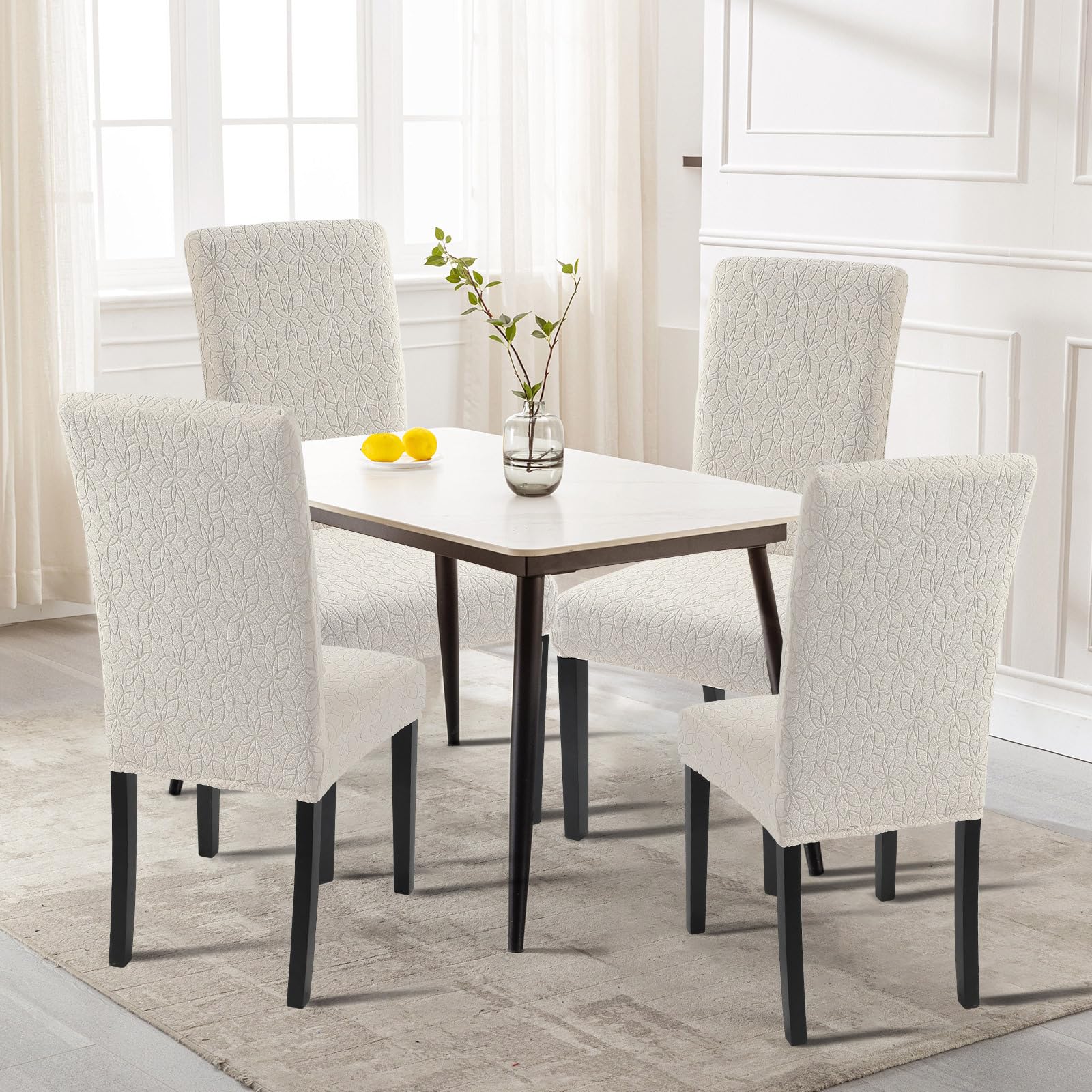 Searchi Jacquard Dining Room Chair Covers Set Of 6, Stretch Kitchen Chair Covers Washable Parsons Chair Slipcover Removable Dining Chair Protectors For Hotel,Ceremony(Beige Floral Texture)