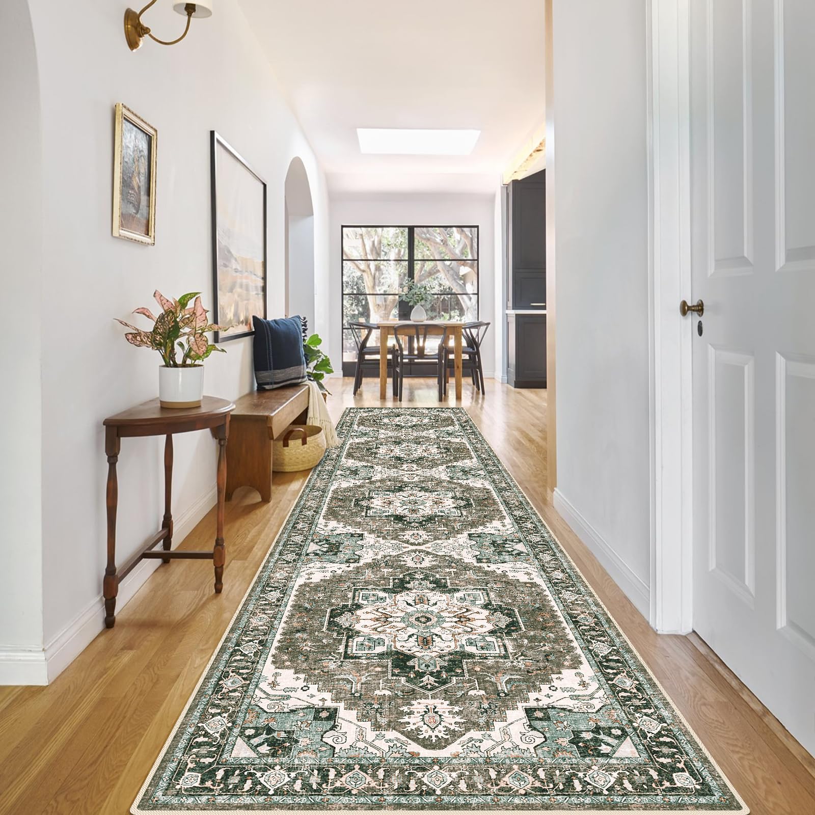 Washable Kitchen Runner Rug - 2'6''x12' Hallway Rug Distressed Mats Non-Slip Soft Room Floor Carpet for Dining Room (Beige, 2'6'
