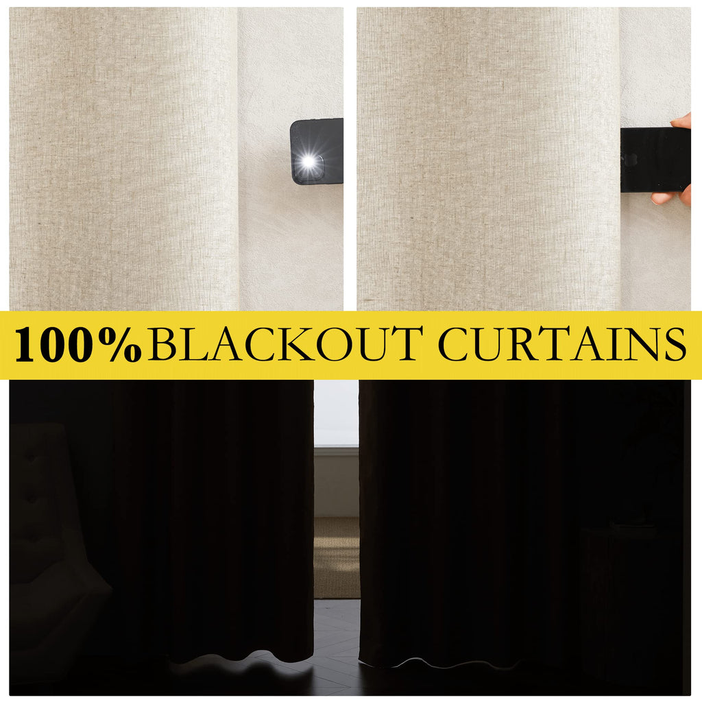 Nicetown 100% Absolutely Blackout Linen Curtains With Thermal Insulated White Liner, Beige, 52' Wide By 48' Long, 2 Pieces, Anti-Rust Grommet Natural Burlap Fabric Window Drapes For Bedroom/Kids Room