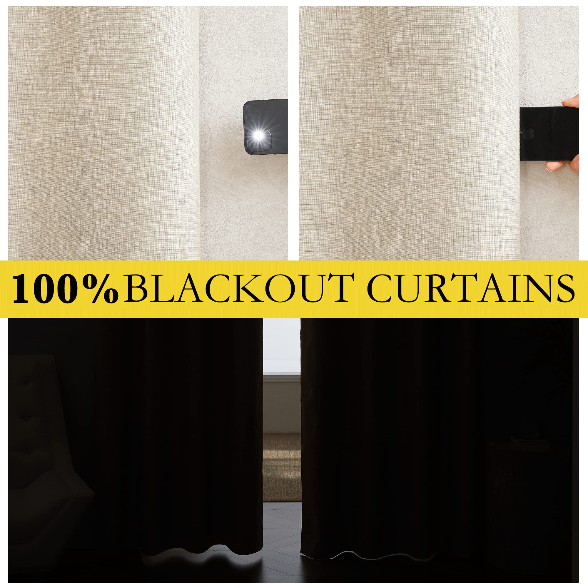 Nicetown 100% Absolutely Blackout Linen Curtains With Thermal Insulated White Liner, Beige, 52' Wide By 48' Long, 2 Pieces, Anti-Rust Grommet Natural Burlap Fabric Window Drapes For Bedroom/Kids Room