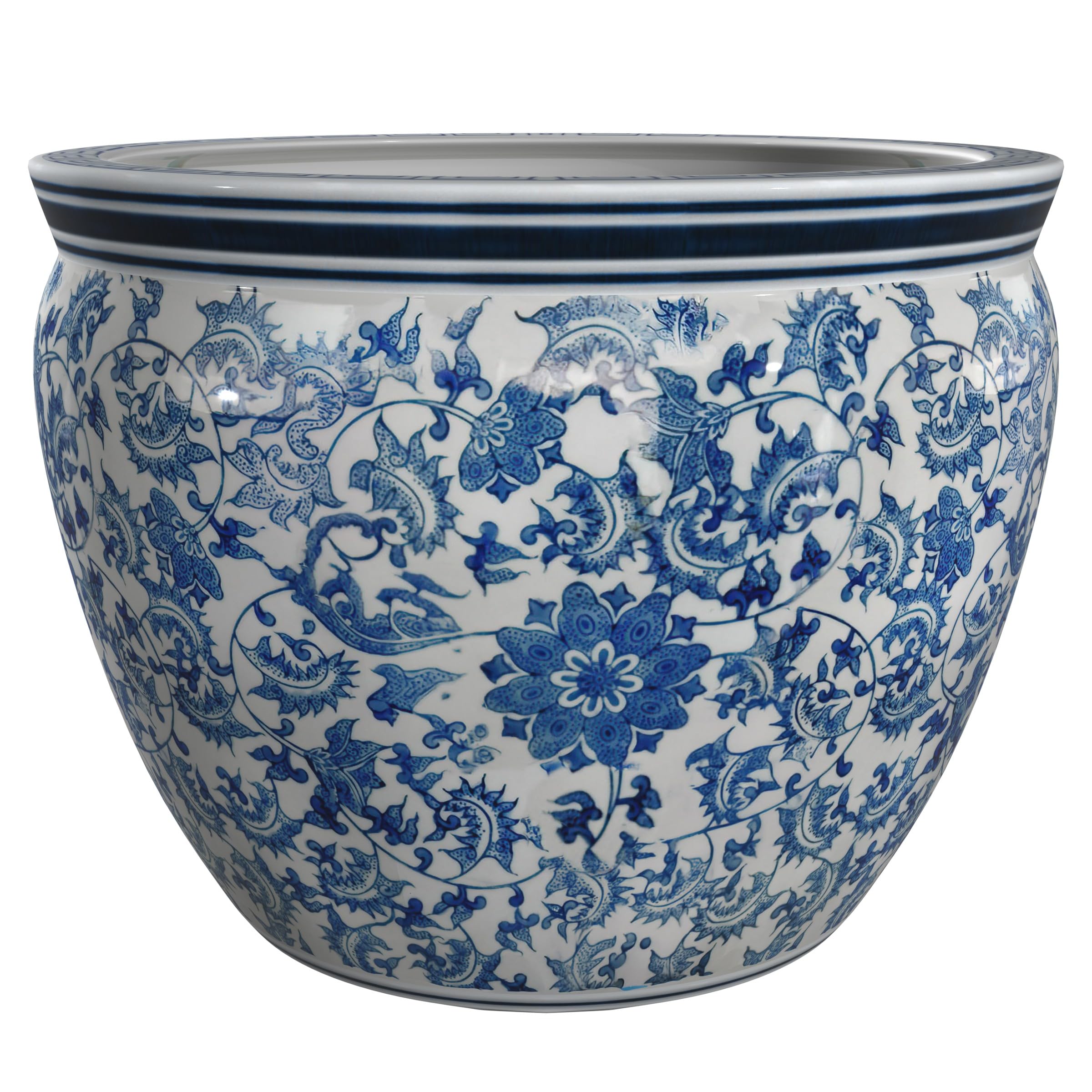 Red Lantern White Fishbowl-Size and Design, 16 Diameter, Floral Blue