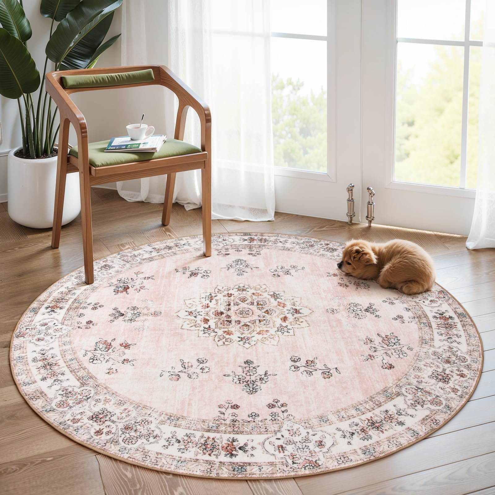 Lahome Washable Pink Round Rug 6ft, Soft Boho 6x6 Circle Rugs for Bedroom Girls Nursery Non-Slip, Large Floral Pastel Circular R