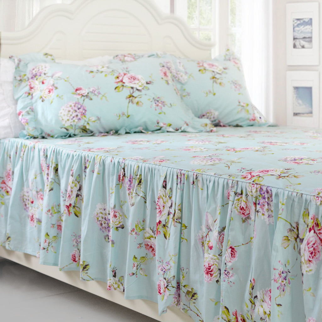 Fadfay Shabby Floarl Cotton Bedding Set Queen 4-Pieces Light Blue Hydrangea Print Duvet Cover Set With Bedskirt French Country S