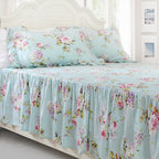 Fadfay Shabby Floarl Cotton Bedding Set Queen 4-Pieces Light Blue Hydrangea Print Duvet Cover Set With Bedskirt French Country S