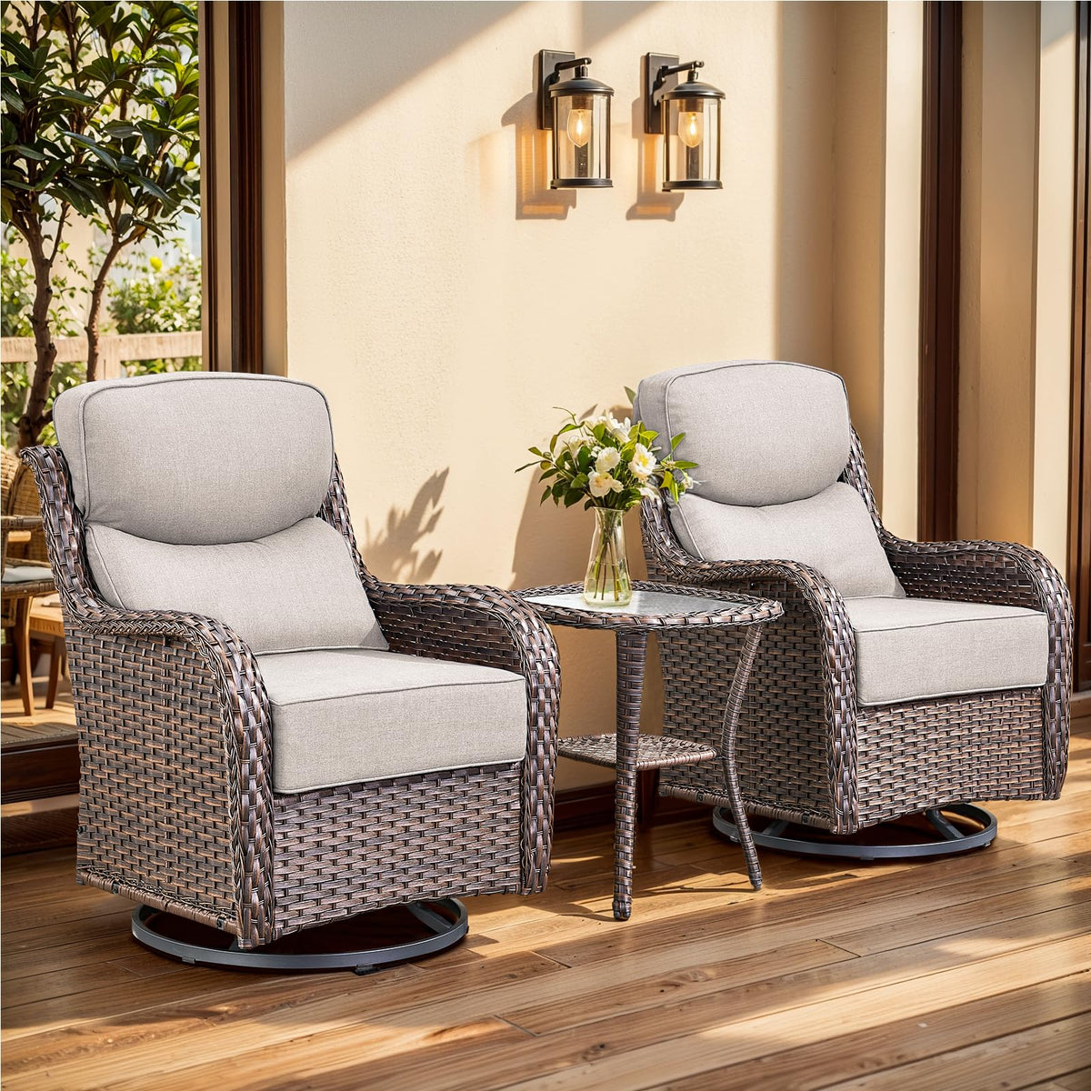 Luxury Outdoor Swivel Rocker Patio Chairs, High Back Patio Swivel Chairs With Side Table & 6-Inch Thick Cushions, Wicker Outdoor