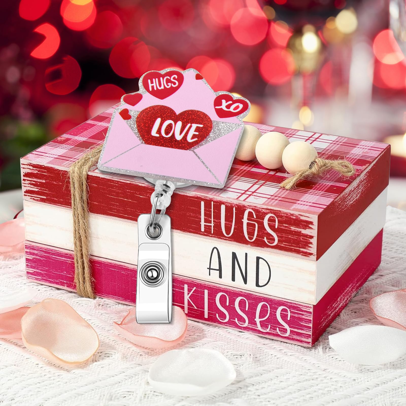 Valentines Day Badge Reel Retractable, Glitter Pink Love Letter Valentine Badge Reel Funny Id Card Badge Holder For Nurse Doctor