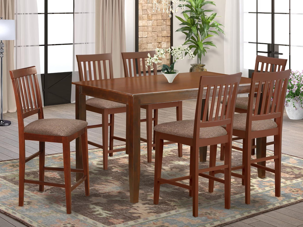 East West Furniture DUVN7H-MAH-C 7 Piece Kitchen Counter Set Consist of a Rectangle Dining Table and 6 Linen Fabric Dining Room Chairs, 36x60 Inch, Mahogany