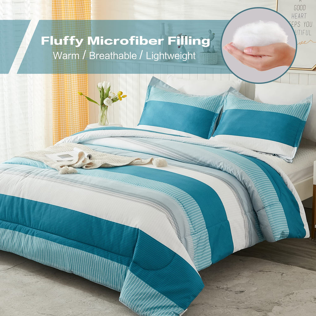 Litanika Full Comforter Set White Teal - 3 Pieces Lightweight Fluffy Bedding Comforter Sets, All Season Down Alternative Comfort