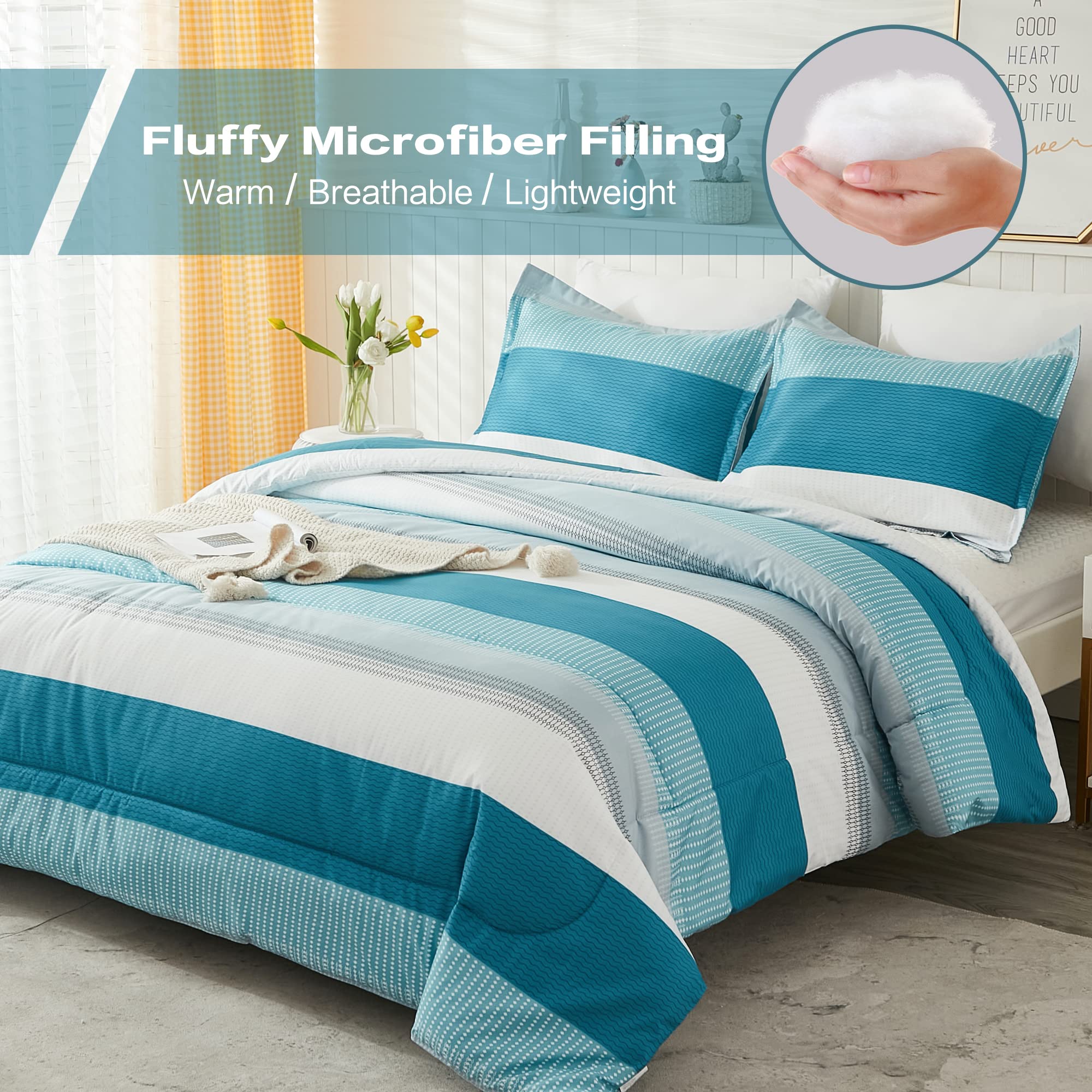 Litanika Full Comforter Set White Teal - 3 Pieces Lightweight Fluffy Bedding Comforter Sets, All Season Down Alternative Comfort