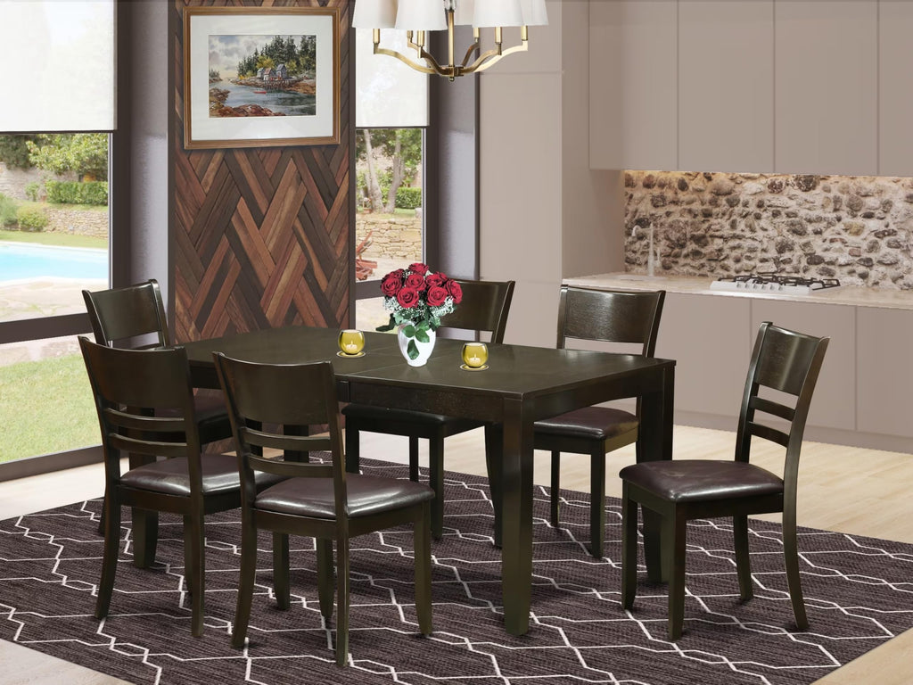 East West Furniture LYFD7-CAP-LC Lynfield 7 Piece Dining Room Furniture Set Consist of a Rectangle Kitchen Table with Butterfly Leaf and 6 Faux Leather Upholstered Chairs, 36x66 Inch