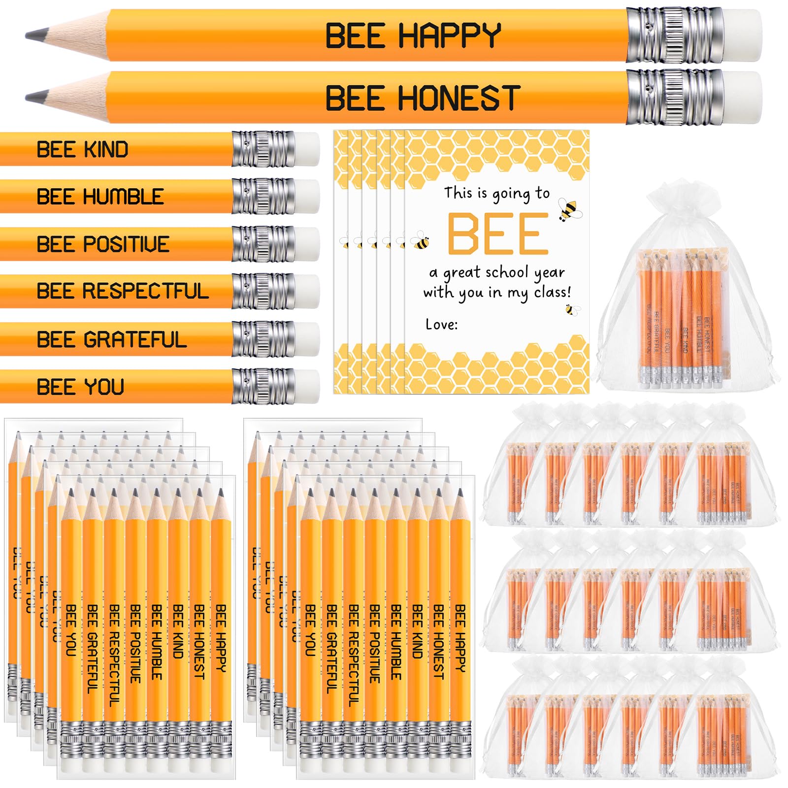 Spakon 48 Set Bee Themed Back To School Gifts For Kids 384 Pcs Bee Pencils 48 Cards With 48 Organza Bags Pencils Bulk For Classr