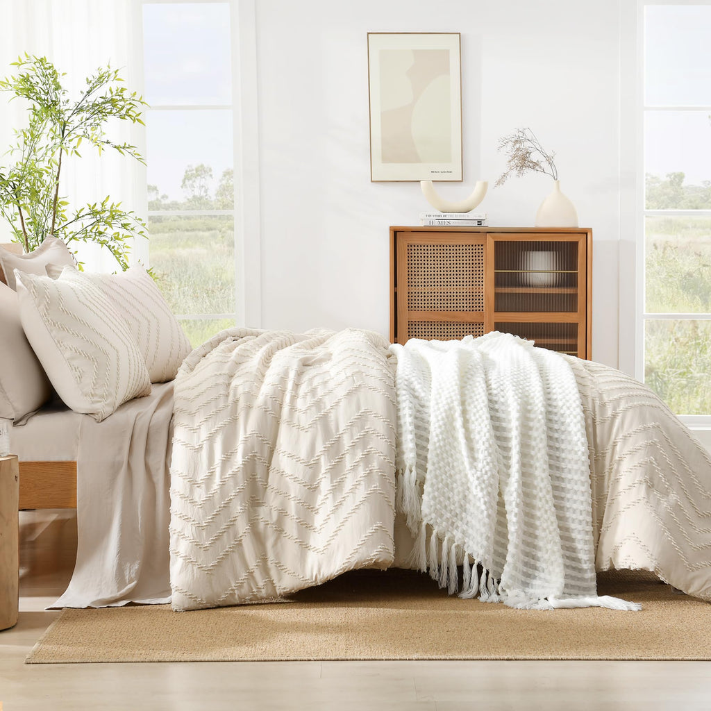Litanika Full Size Comforter Sets Beige, Lightweight Fluffy Bedding Comforter Sets For Bed, 3 Pieces Cream Down Alternative Comf