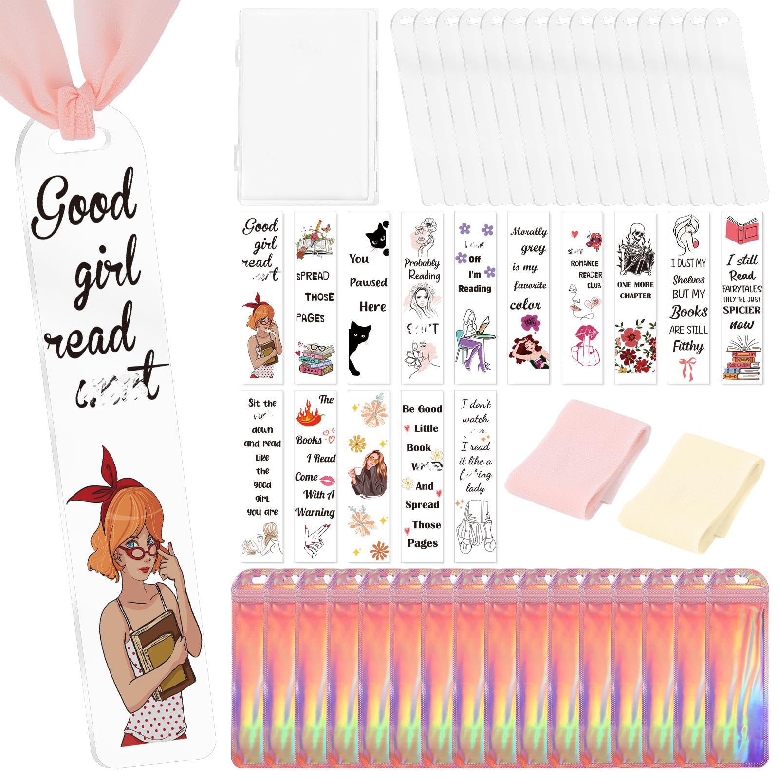 Shejdgart Acrylic Bookmark Making Kits - 60 Pcs Clear Acrylic Bookmark Blanks Set with Good Girls Double-Sided Printing UV DTF W