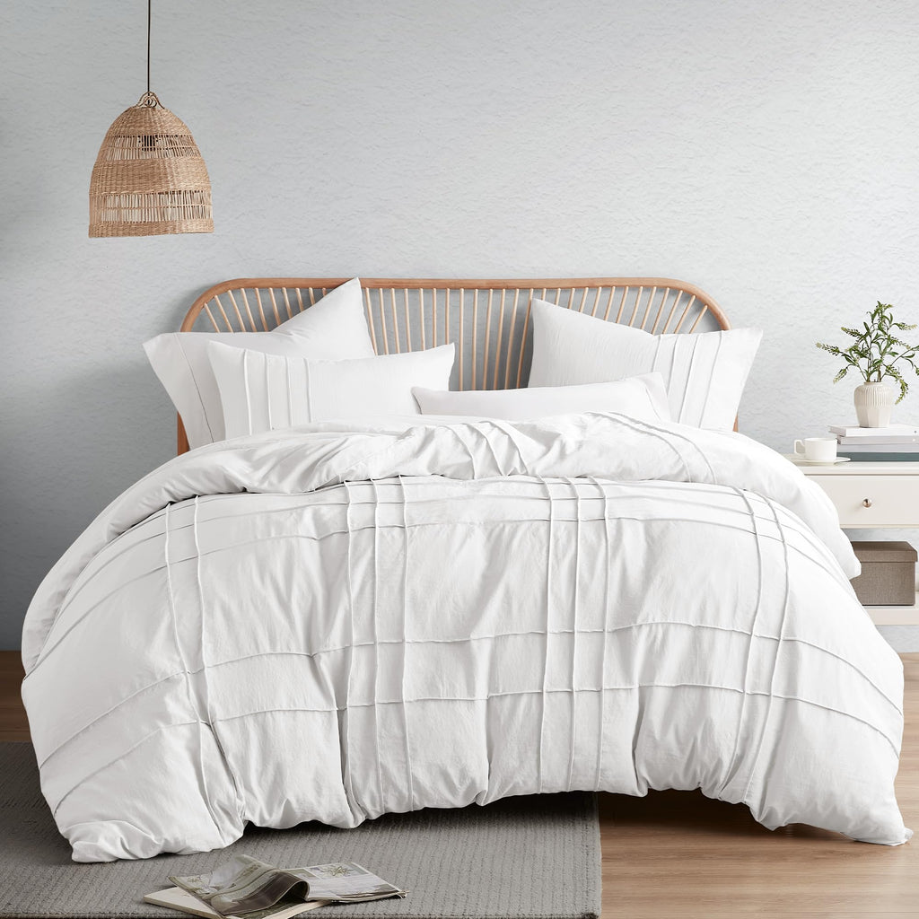 Comfort Spaces White King Size Duvet Cover Set - 3 Pieces Pintuck Pleated Duvet Cover King, All Season Lightweight, Extra Softness Pre-Washed Microfiber King Bedding Cover Shams, King/Cal King