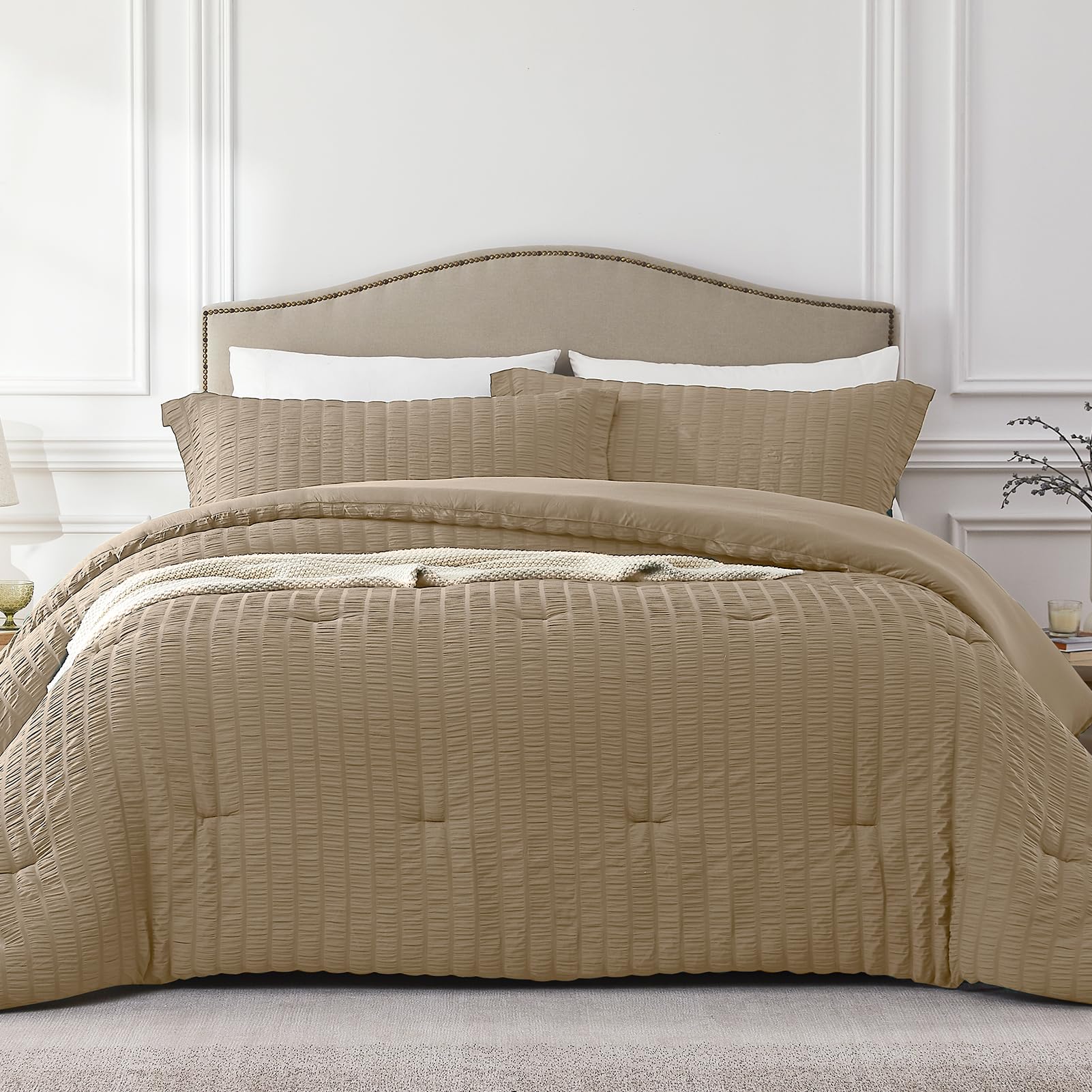 Quataly Brown Full Comforter Set - 3 Pieces Seersucker Lightweight Bedding Comforter Sets (1 Soft Fluffy Comforter & 2 Pillowcas