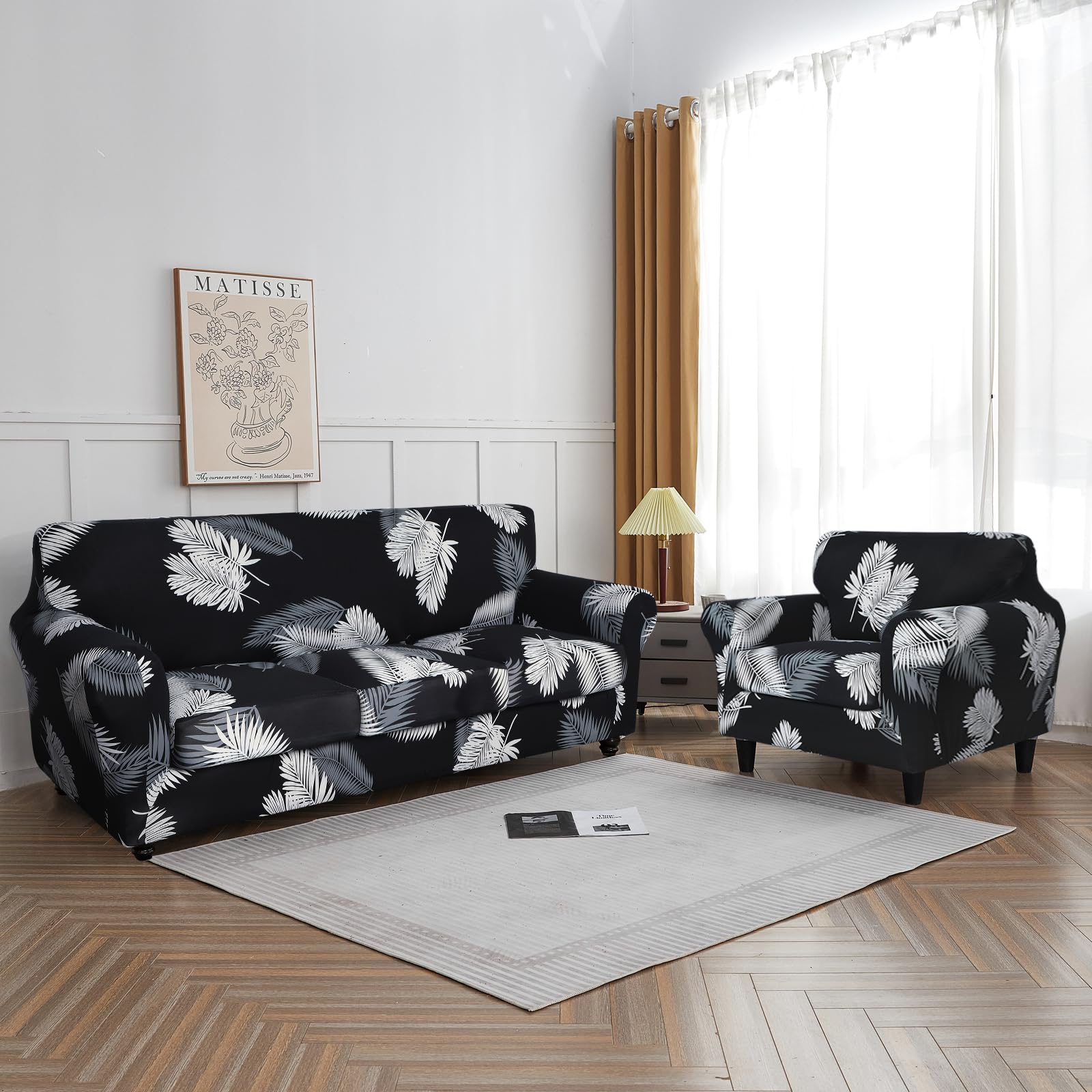 Searchi Stretch Sofa Cover Printed Couch Cover, Floral Pattern 4 Pieces Sofa Slipcover With 3 Separate Cushion Cover, Washable Furniture Protector For Living Room(Sofa, Black+Palm Leaves)