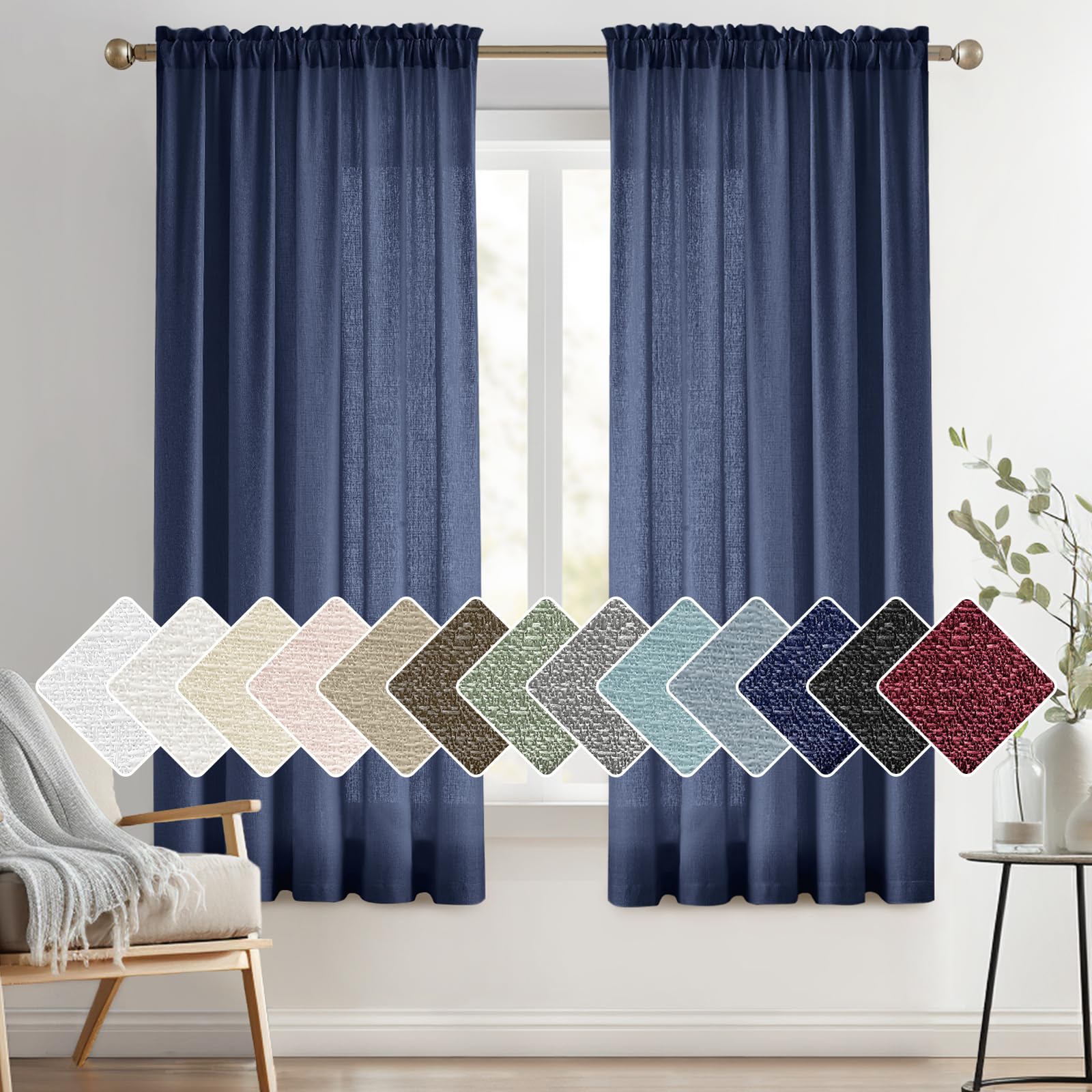Melodieux Navy Semi Sheer Curtains 45 Inch Length for Bedroom Kitchen Small Windows, Linen Look Rod Pocket Privacy Sheer Drapes,