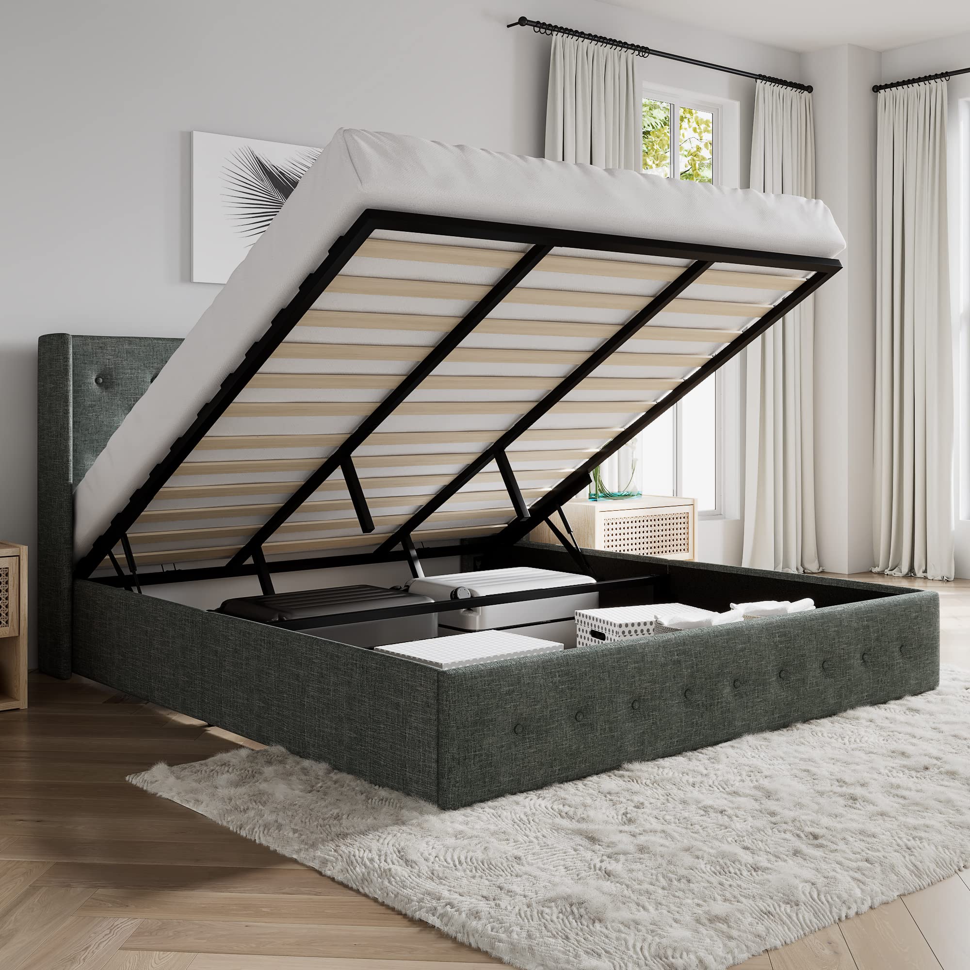 Sha Cerlin King Size Lift Up Storage Bed/Button Tufted Wingback Headboard/Hydraulic Storage/Upholstered Platform Bed Frame/No Box Spring Needed/Wood Slats Support/Dark Grey