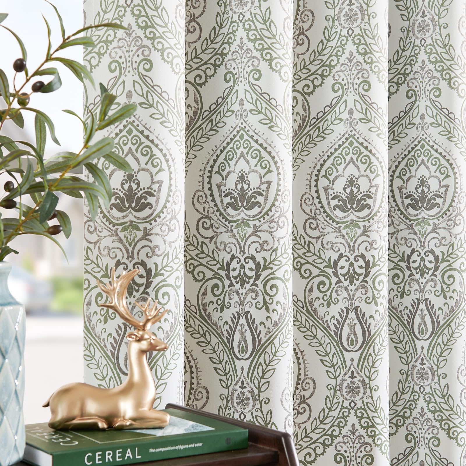 Jinchan 100% Blackout Curtains 96 Inches Long Sage Green Damask Medallion Window Curtains For Bedroom Grommet Thermal Insulated Drapes For Living Room Vintage Luxury Window Treatments Set 2 Panels