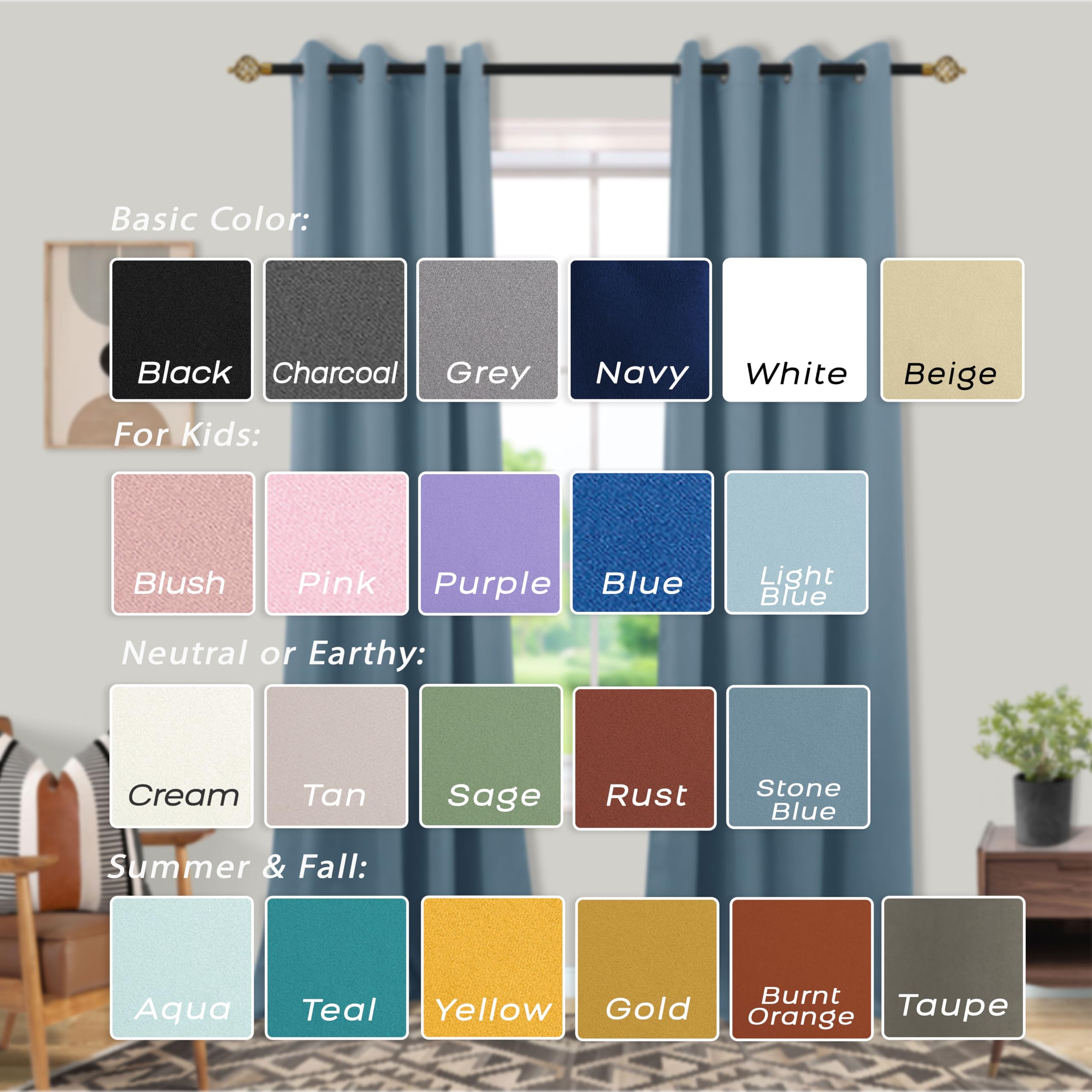 Mrs.Naturall 52X84 Inches Long Stone Blue Curtains For Living Room 2 Panels Blackout Room Darkening Curtains