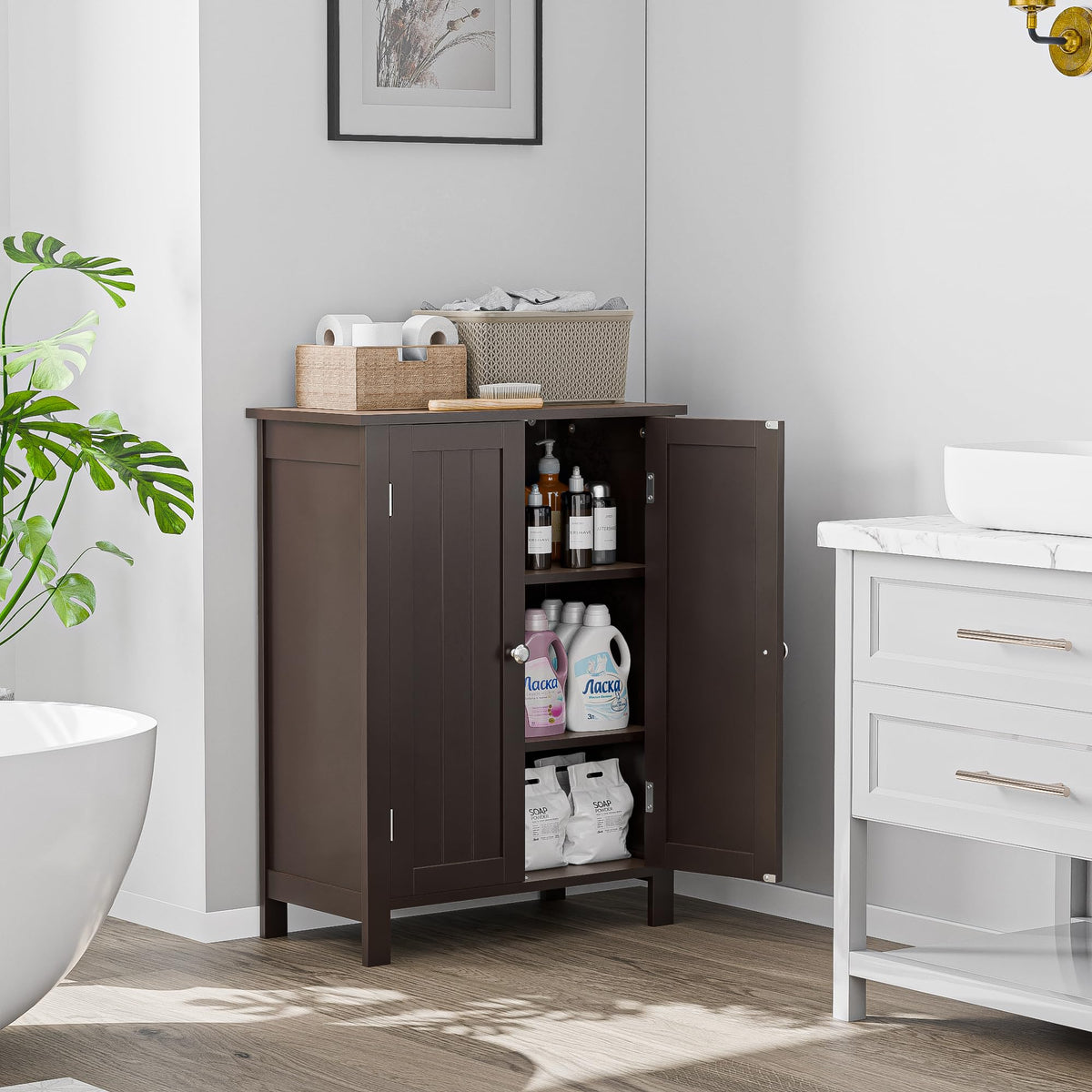 Super Deal Modern Bathroom Floor Storage Cabinet With Adjustable Shelf And Double Door Rust Proof, Living Room Modern Home Furniture Storage Organizer Cabinet, Brown