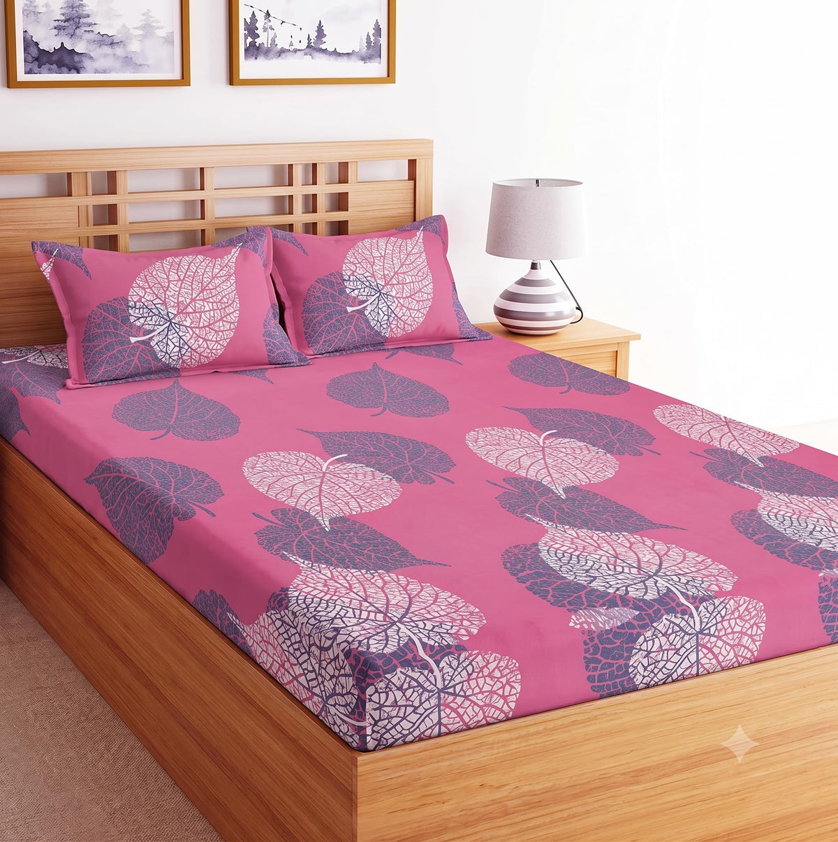 YORIK 144 TC Polycotton Double Bed Bedsheet Size(85x95 Inches) with 2 Pillow Cover, Wrinkle Free and Durable(PaanLeaf Design)