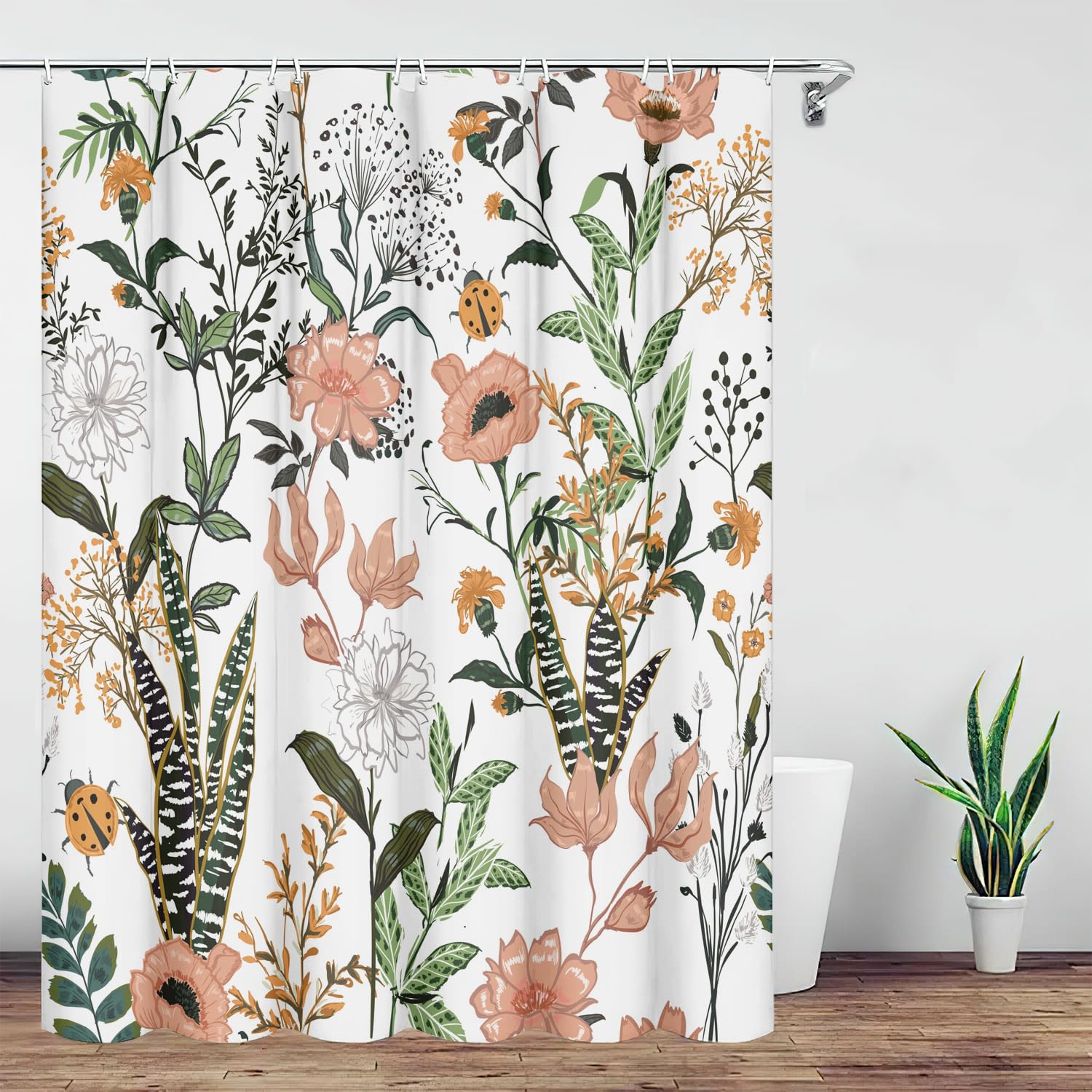 Bivinar Green Boho Floral Shower Curtain 60 X 72 Inch, Flower Leaves Boho Chic Bathroom Curtain, Waterproof Fabric Plant Bathroo