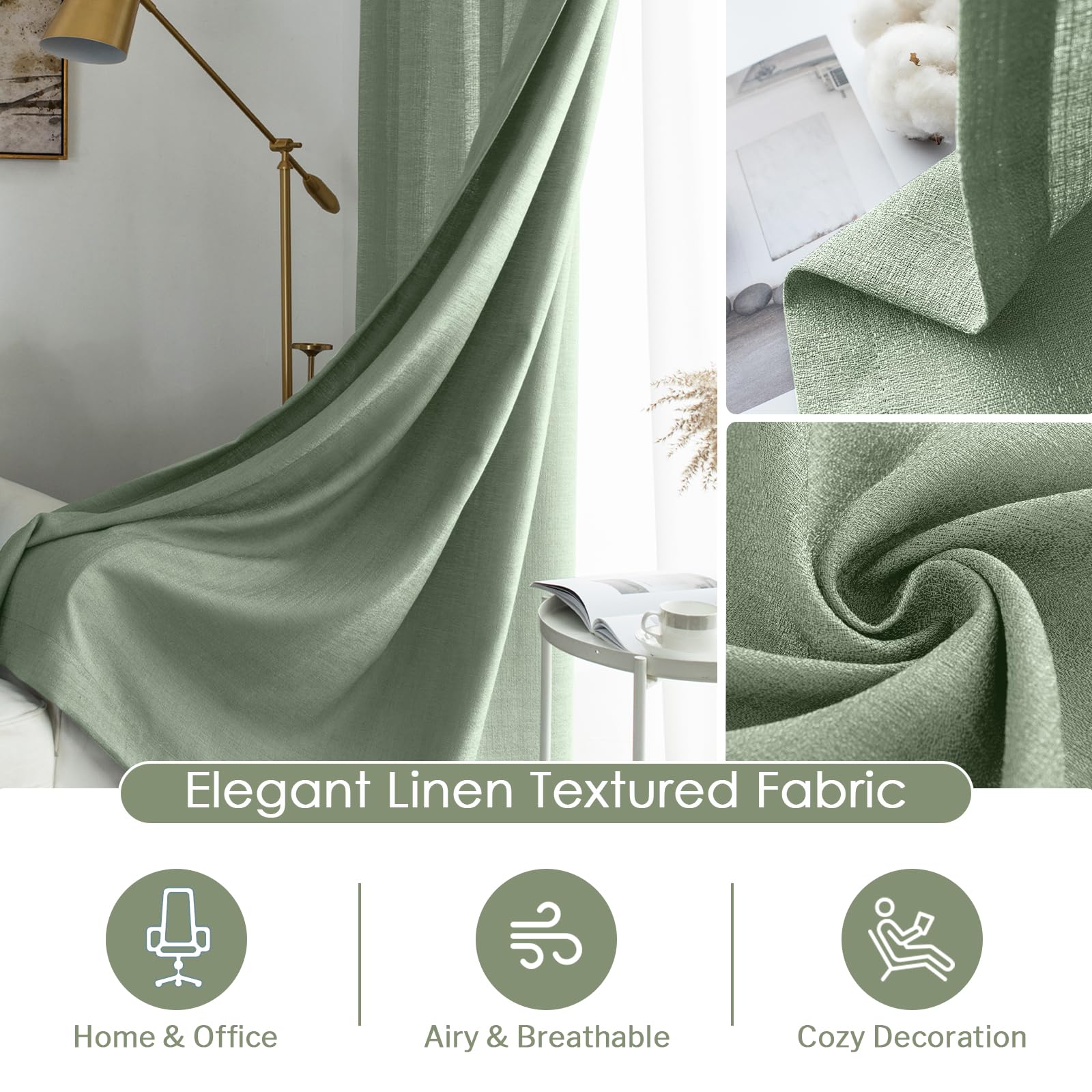 Melodieux Sage Green Semi Sheer Curtains 63 Inches Long For Living Room, Linen Texture Bedroom Privacy Window Sheer Drapes Rod P