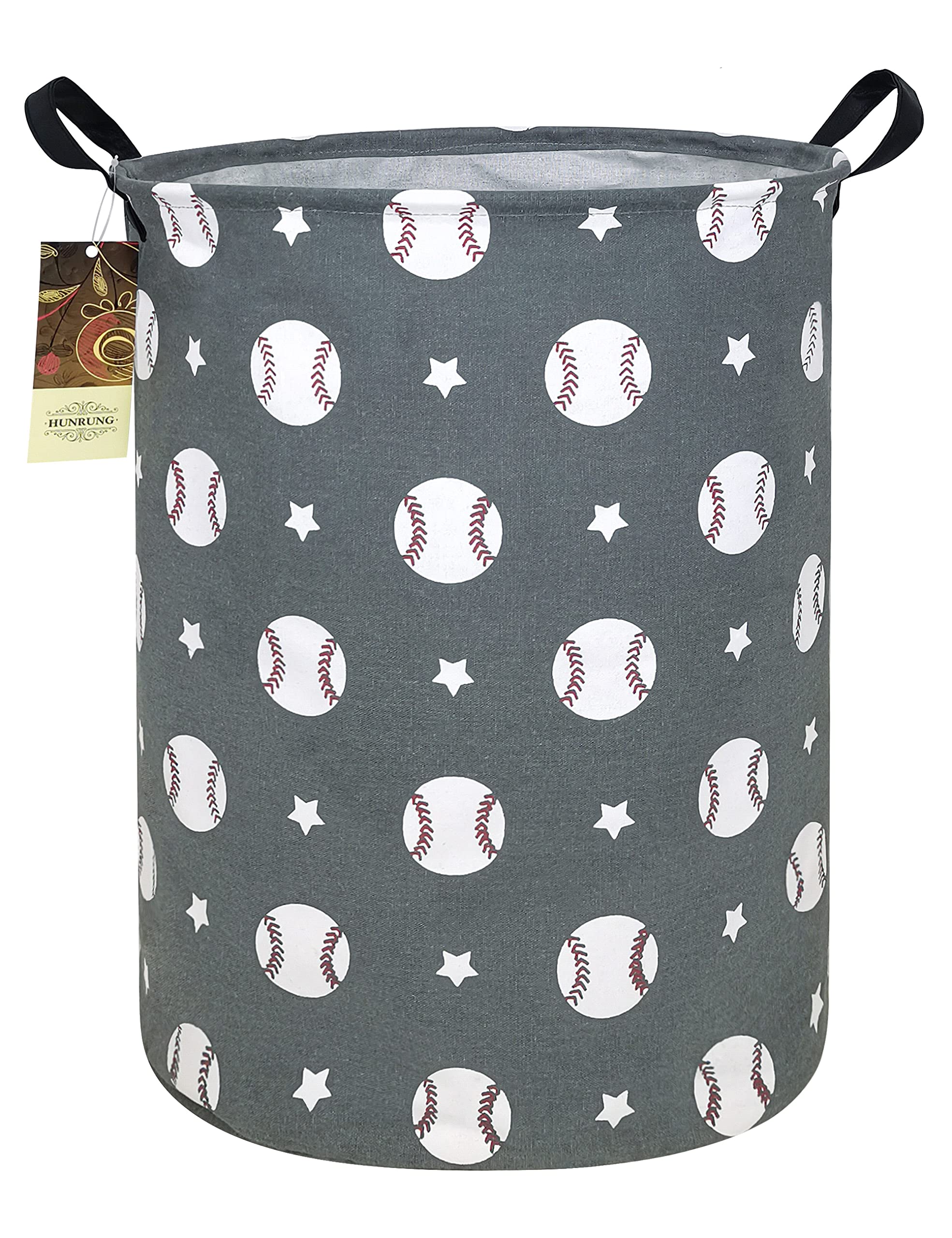 Hunrung Laundry Hamper,Large Canvas Fabric Lightweight Storage Basket Toy Organizer Dirty Clothes Collapsible Waterproof For College Dorms, Children Bedroom,Bathroom(Round-Grey Baseball)