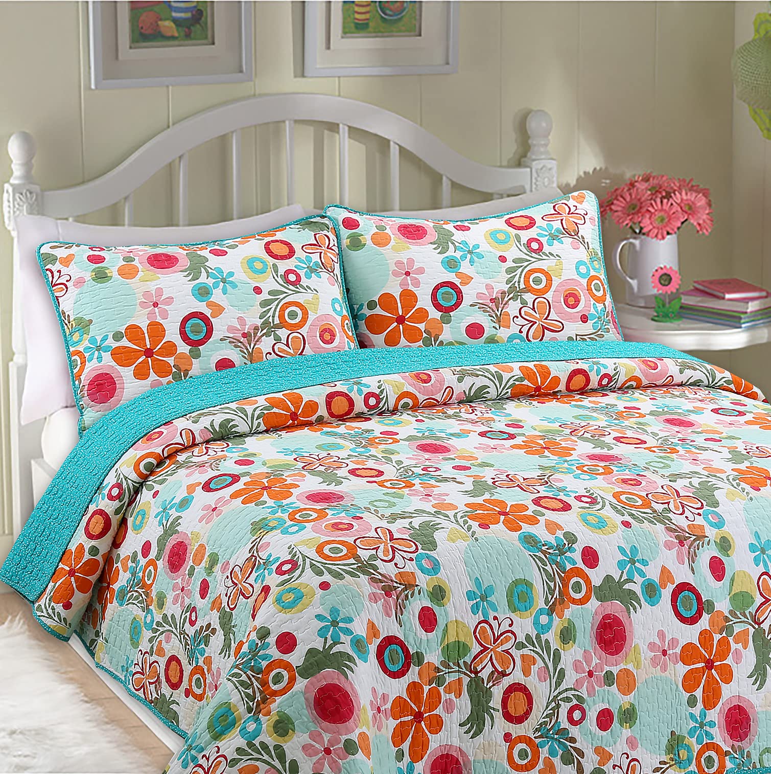 Cozy Line Home Fashions Pink Green Blue Orange Colorful Floral Whimsy 100% Cotton Reversible Girl Quilt Bedding Set, Coverlet, B