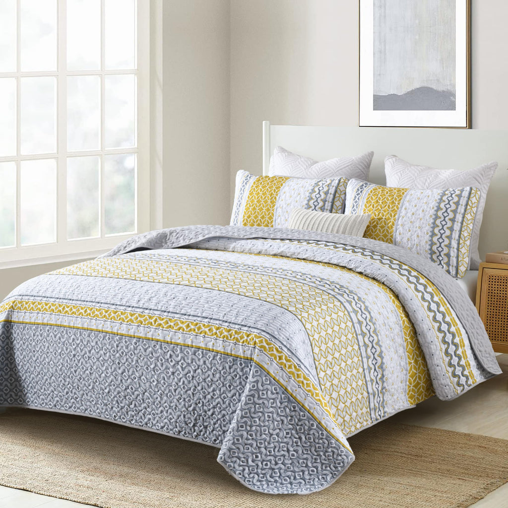 Djy Yellow Quilt Set Queen Size, Boho Yellow Grey Striped Bedspread Coverlet Set Soft Microfiber Patchwork Quilt Bedding Set 3 P