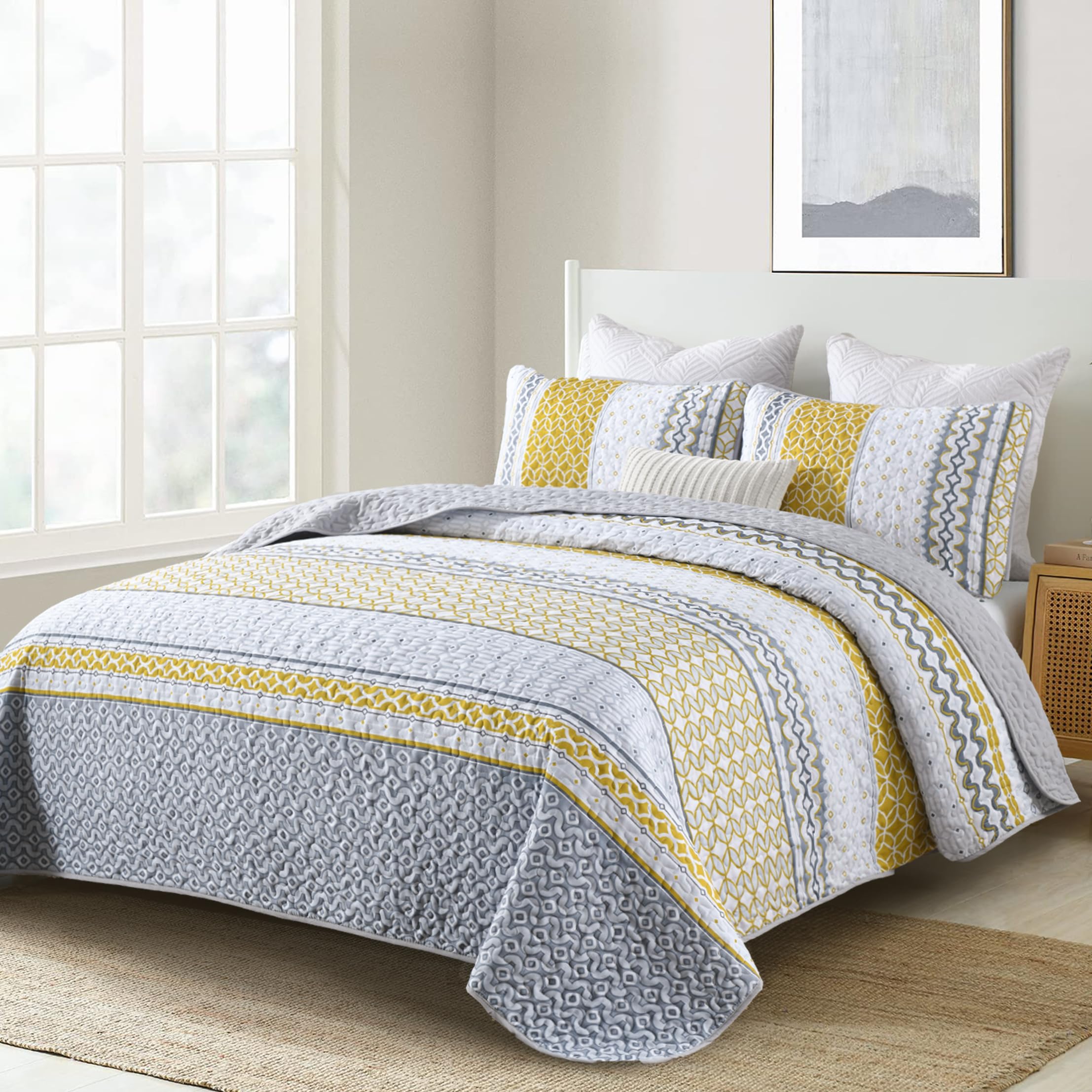 Djy Yellow Quilt Set Queen Size, Boho Yellow Grey Striped Bedspread Coverlet Set Soft Microfiber Patchwork Quilt Bedding Set 3 P