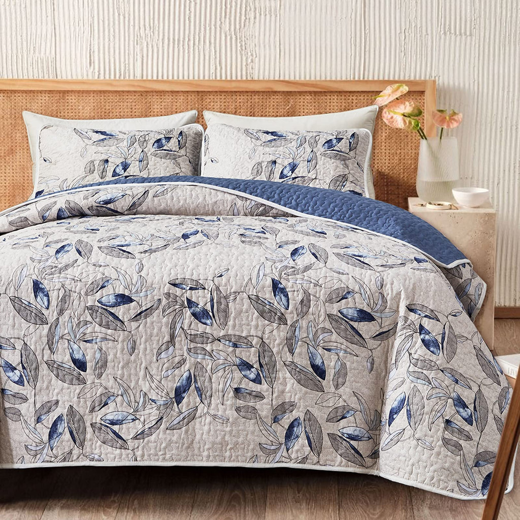 Joyreap Quilt Set California King- 102x114 inches, 3 Pieces Lightweight Microfiber Quilt, Botanical Blue Leaves on Light Gray De
