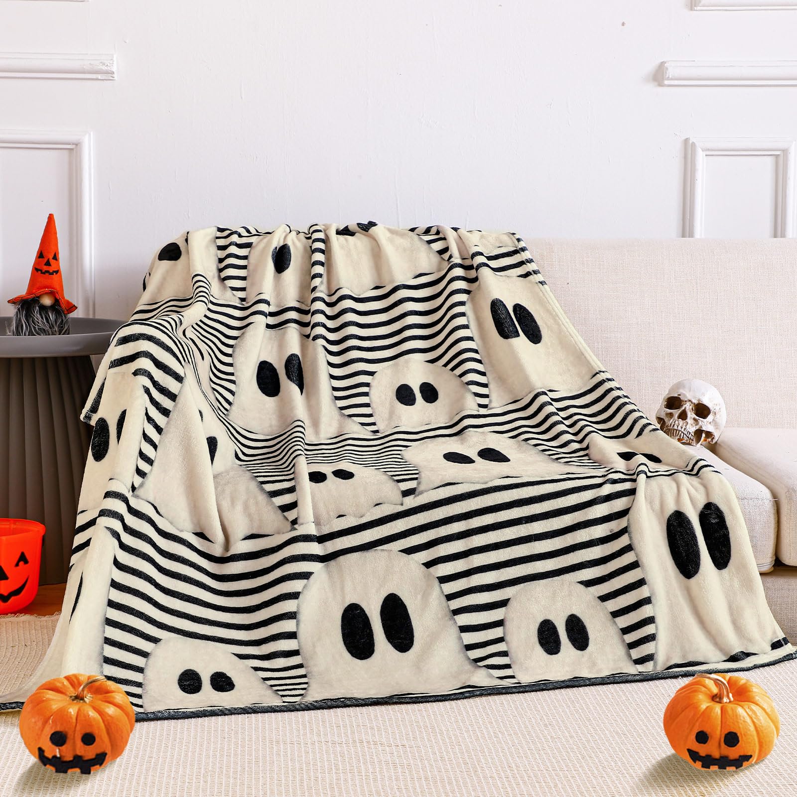 FuWeave Halloween Throw Blanket Cute Rustic Ghost Flannel Blanket Farmhouse Spooky Blanket Soft Black White Striped Blanket Retr